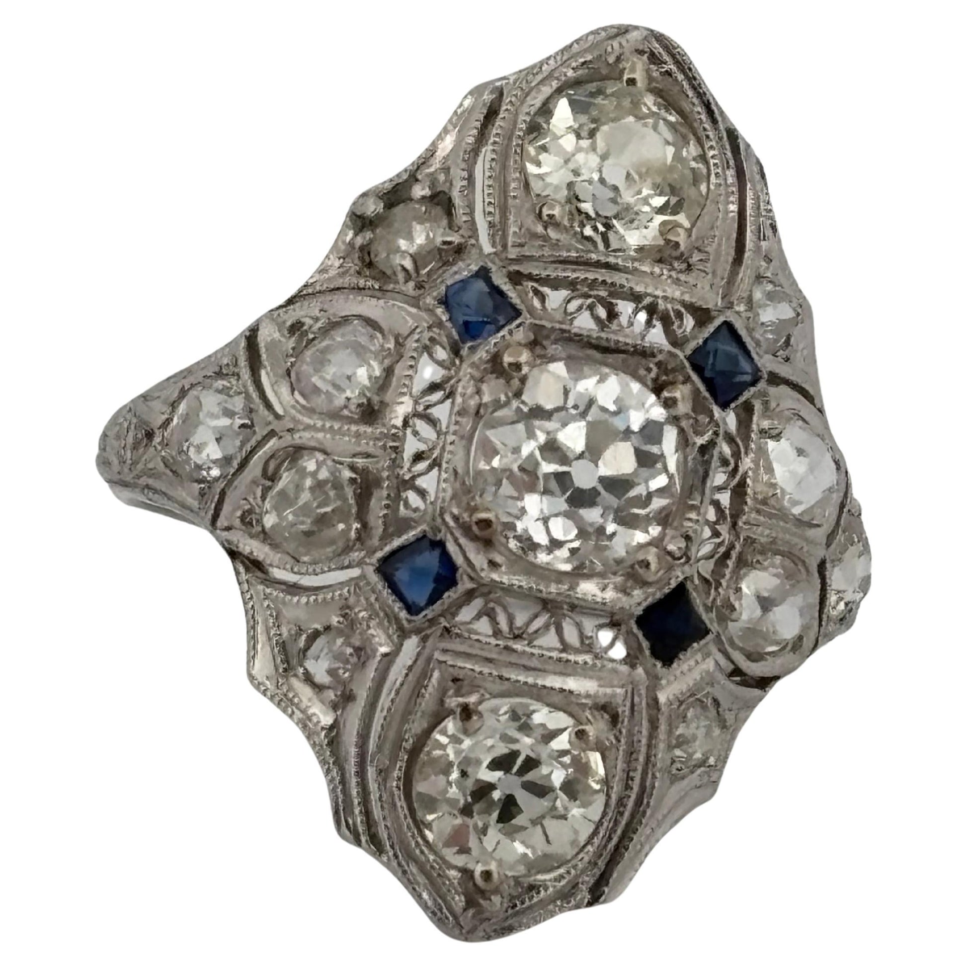1920's Antique Platinum Filigree 2.02ctw I-J SI2-I2 Diamond & Sapphire Ring