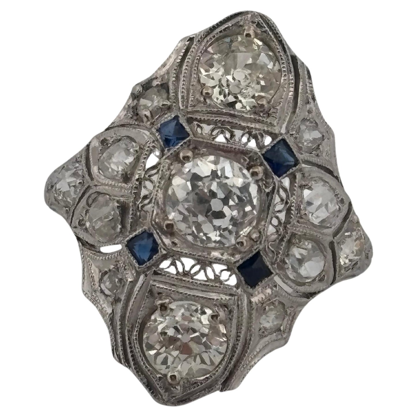 1920's Antique Platinum Filigree 2.02ctw I-J SI2-I2 Diamond & Sapphire Ring