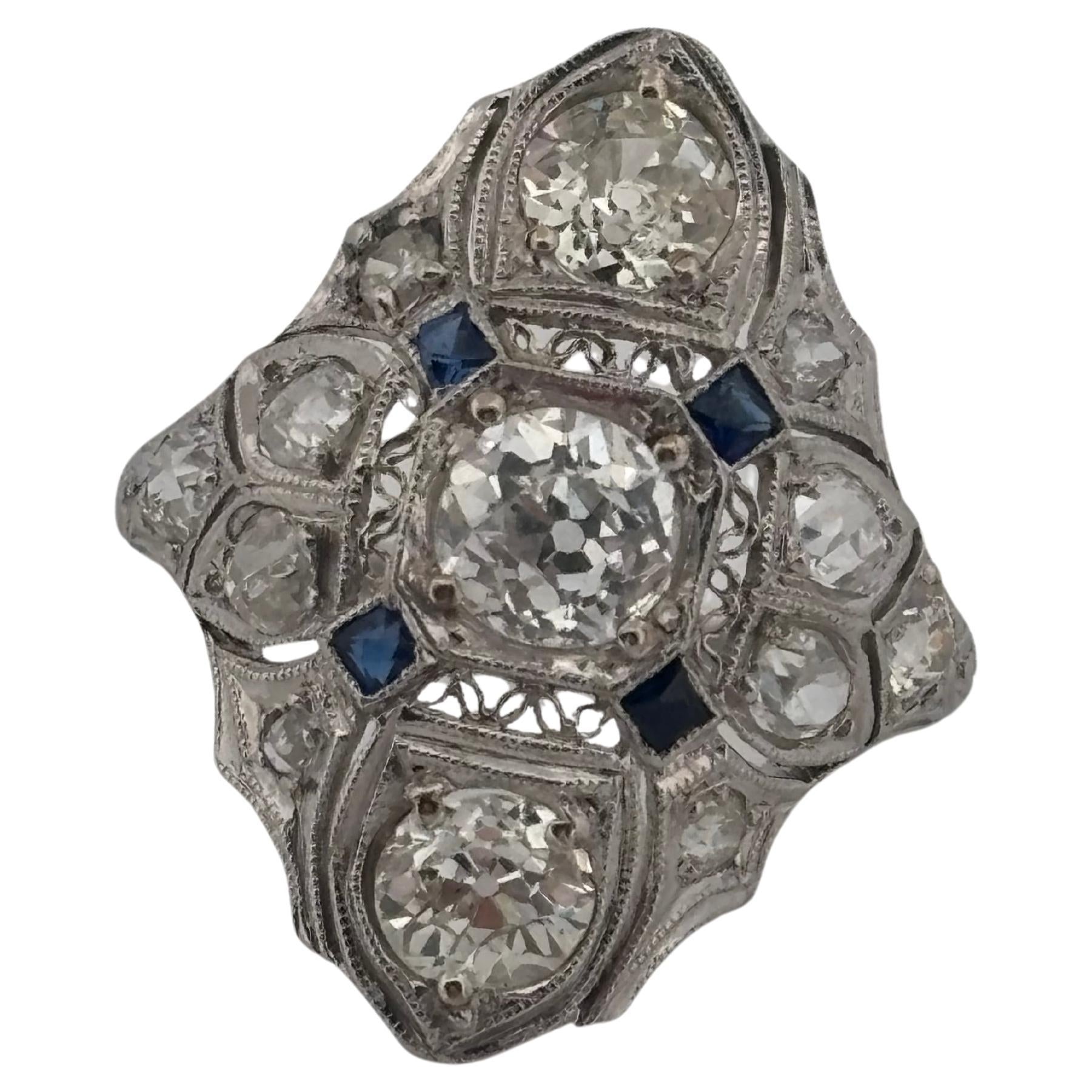 1920's Antique Platinum Filigree 2.02ctw I-J SI2-I2 Diamond & Sapphire Ring