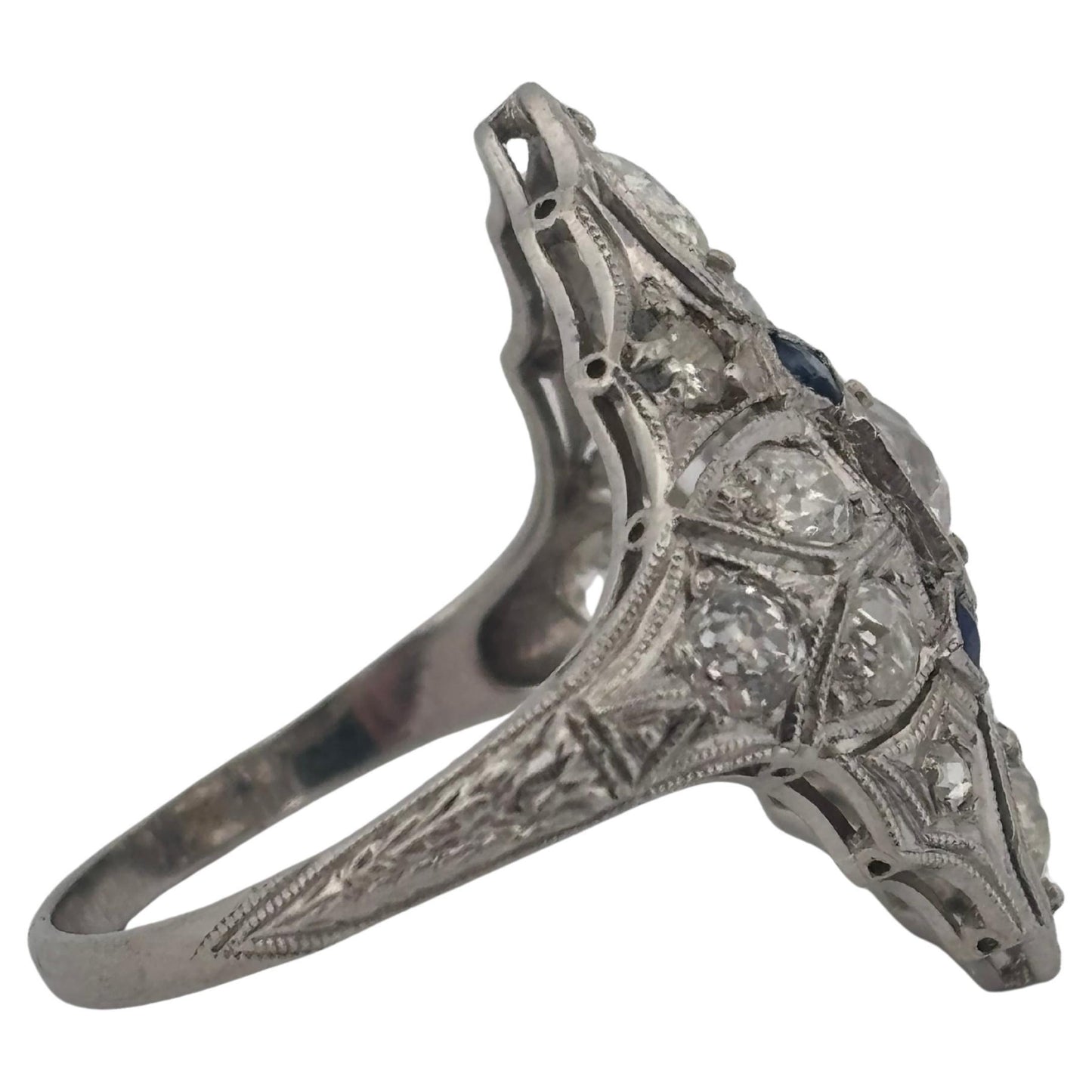 1920's Antique Platinum Filigree 2.02ctw I-J SI2-I2 Diamond & Sapphire Ring