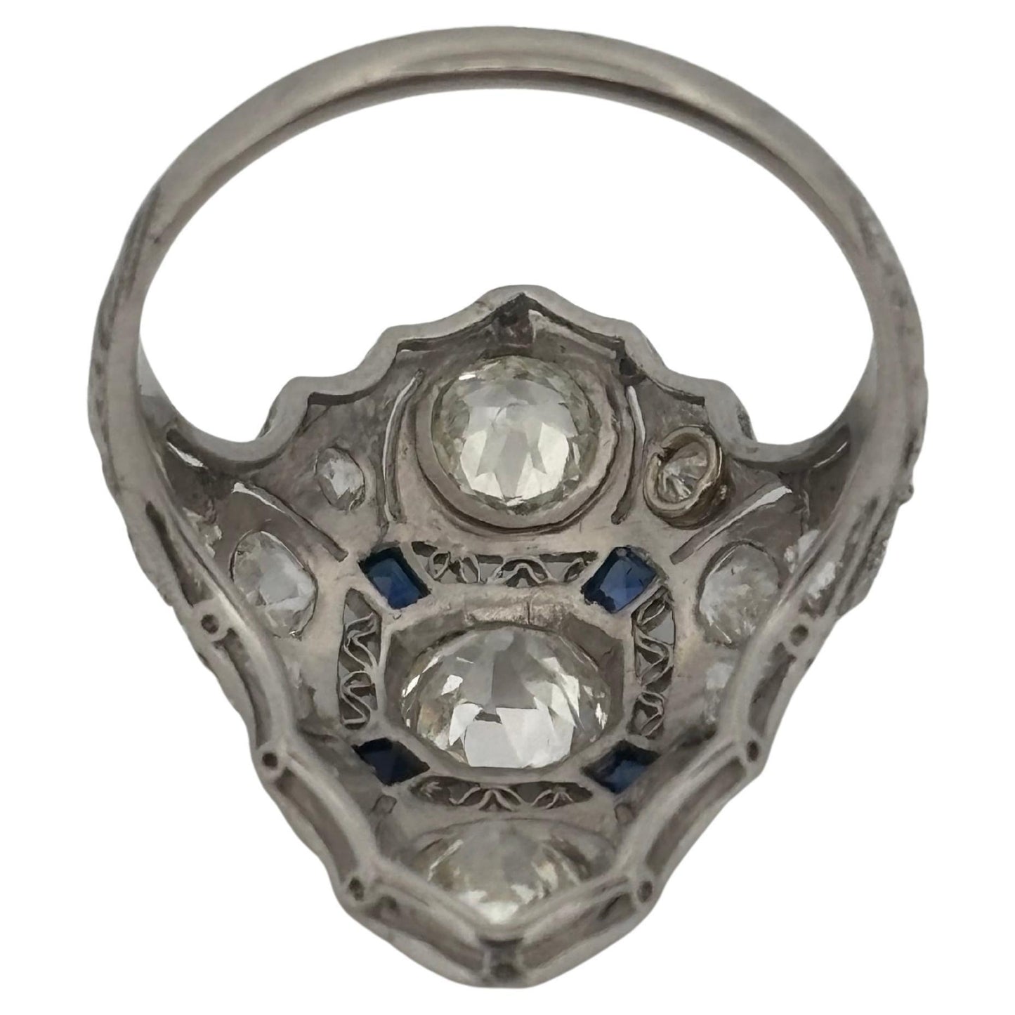 1920's Antique Platinum Filigree 2.02ctw I-J SI2-I2 Diamond & Sapphire Ring