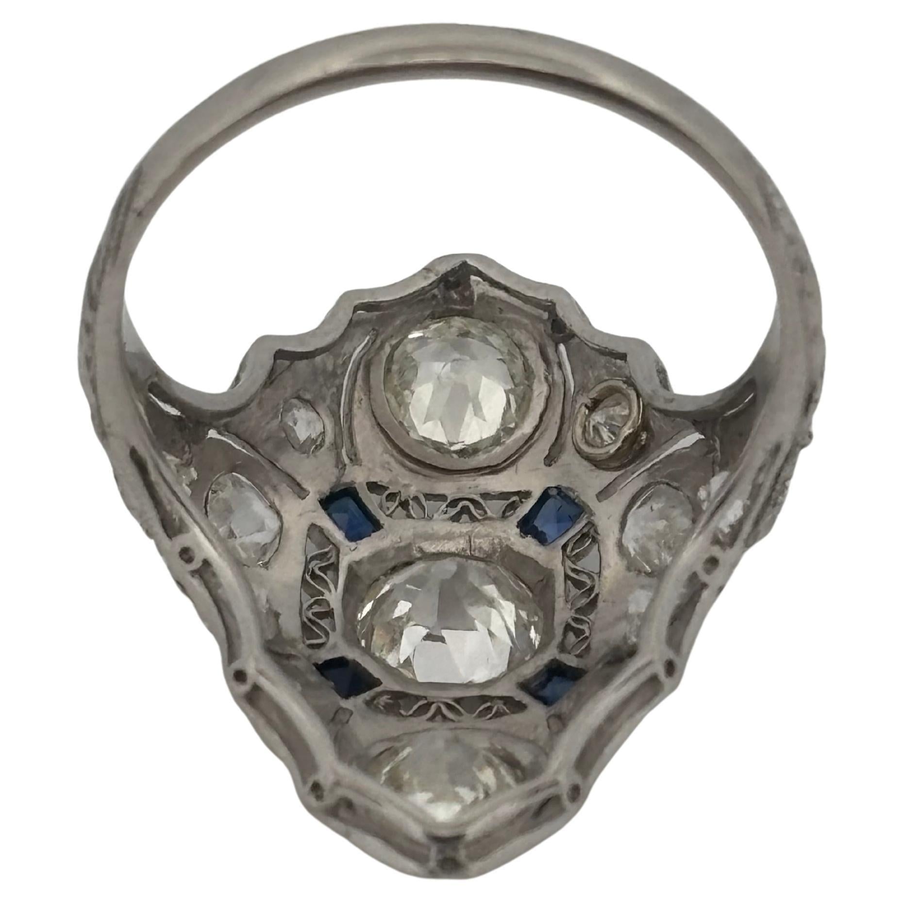 1920's Antique Platinum Filigree 2.02ctw I-J SI2-I2 Diamond & Sapphire Ring