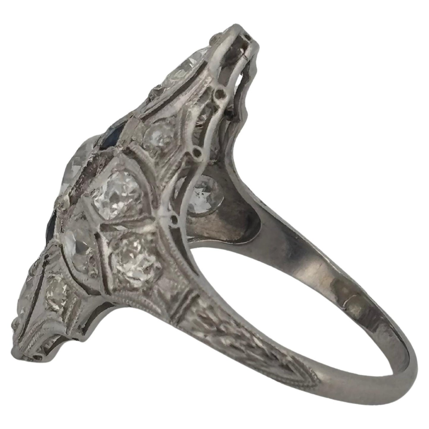 1920's Antique Platinum Filigree 2.02ctw I-J SI2-I2 Diamond & Sapphire Ring