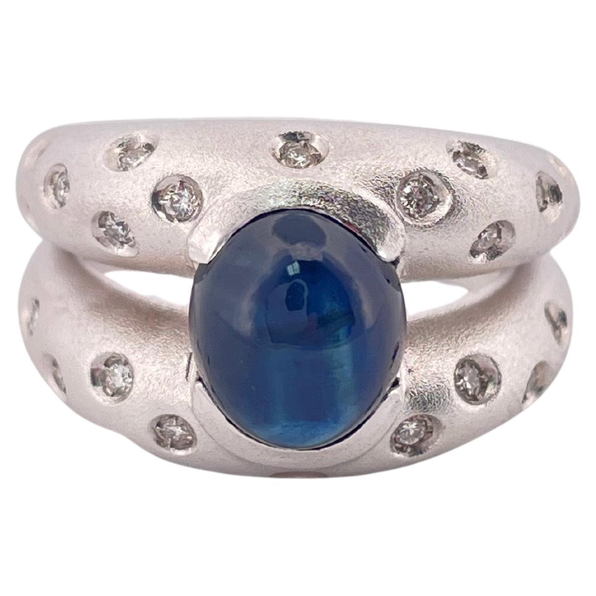 2.60ctw Cabochon Sapphire & 0.45ctw Diamond Ring Set In 18K Brushed White Gold
