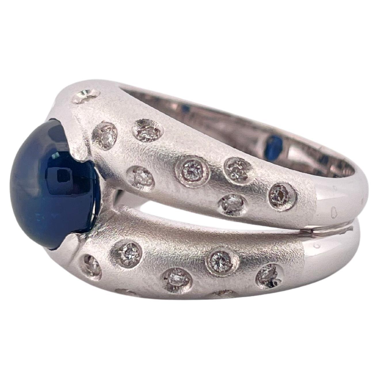 2.60ctw Cabochon Sapphire & 0.45ctw Diamond Ring Set In 18K Brushed White Gold