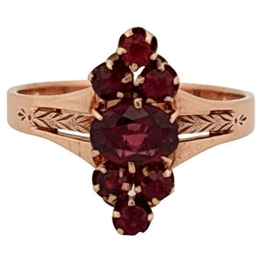Antique 14K Rose Gold 1.13ctw Round & Oval Cut Red Garnet Stone Ring