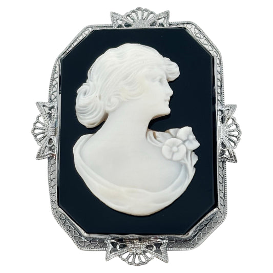 Antique Filigree 14K White Gold Large Black Onyx Lady Cameo Brooch