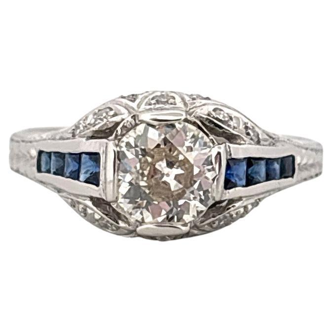 Antique Platinum 0.75ctw Center Old European Cut Diamond & 0.32ctw Sapphire Ring
