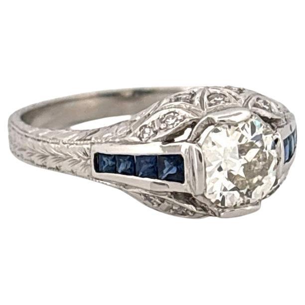 Antique Platinum 0.75ctw Center Old European Cut Diamond & 0.32ctw Sapphire Ring