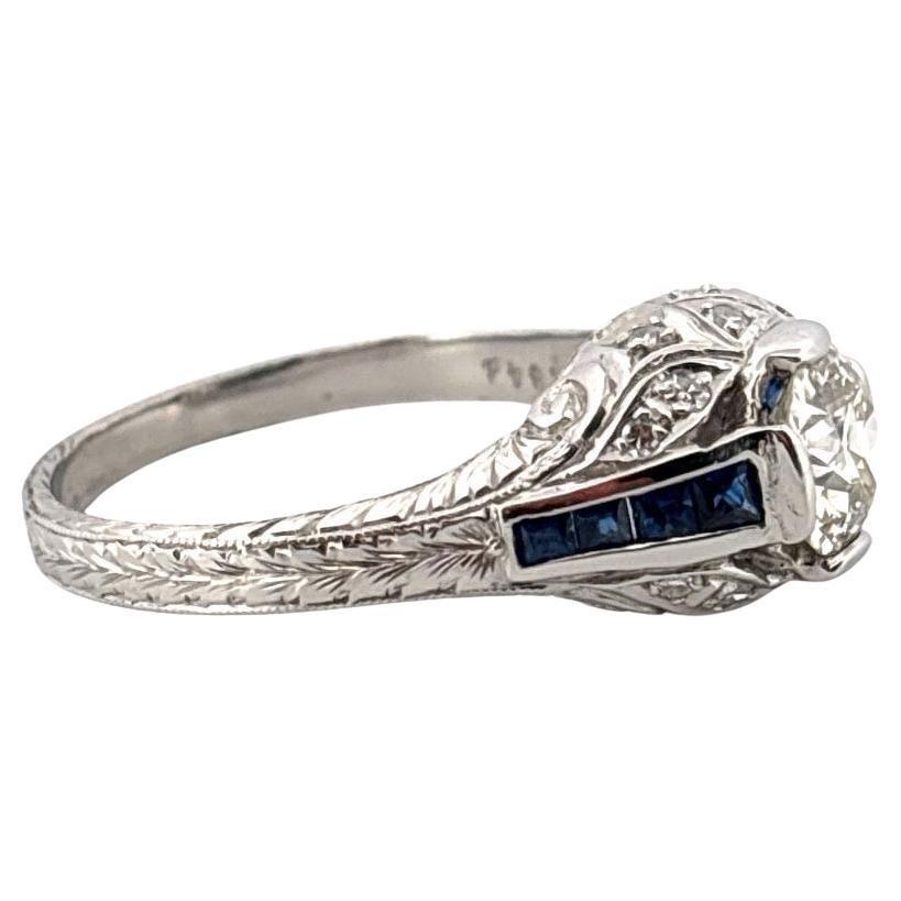 Antique Platinum 0.75ctw Center Old European Cut Diamond & 0.32ctw Sapphire Ring
