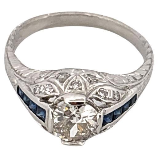 Antique Platinum 0.75ctw Center Old European Cut Diamond & 0.32ctw Sapphire Ring