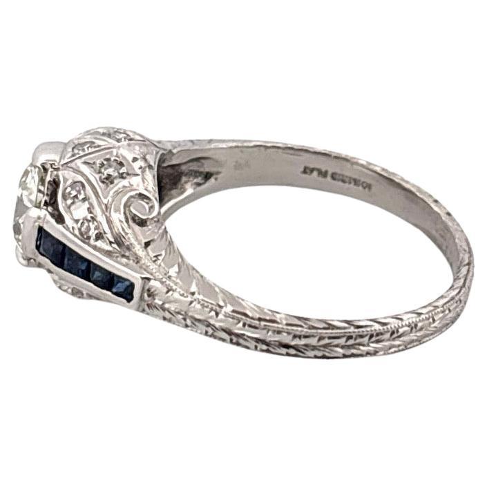 Antique Platinum 0.75ctw Center Old European Cut Diamond & 0.32ctw Sapphire Ring