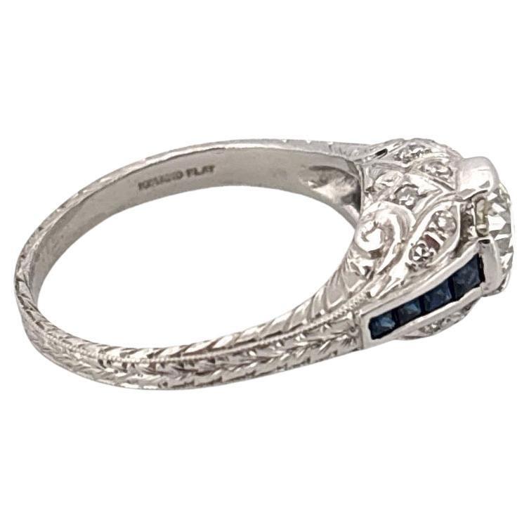 Antique Platinum 0.75ctw Center Old European Cut Diamond & 0.32ctw Sapphire Ring
