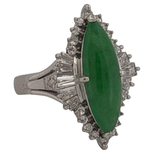 Antique Platinum Long Green Jade & 0.75ctw Round & Baguette Diamond Ring
