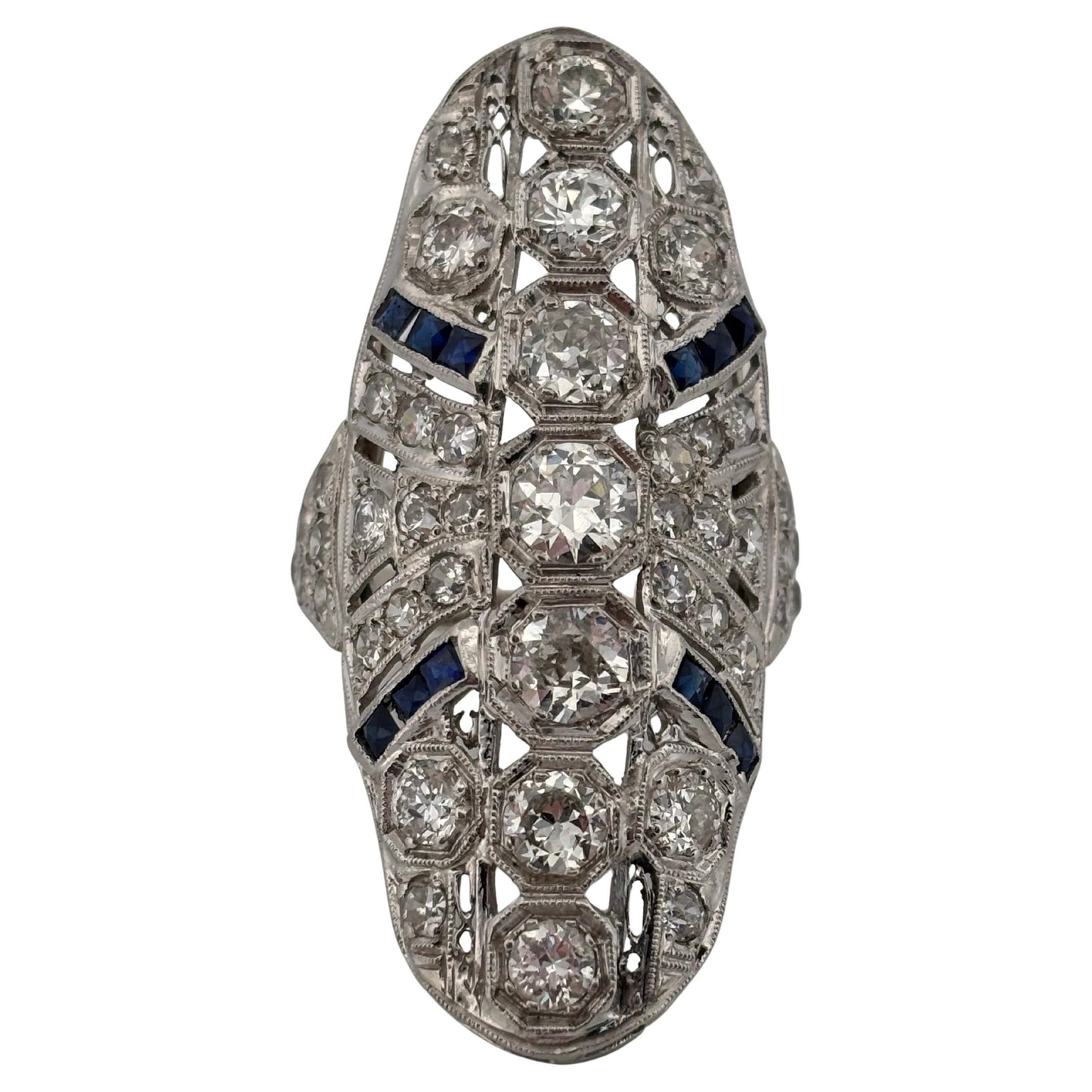 Art Deco 14K White Gold 3.36ctw Old European Cut H SI1 Diamond & Sapphire Ring