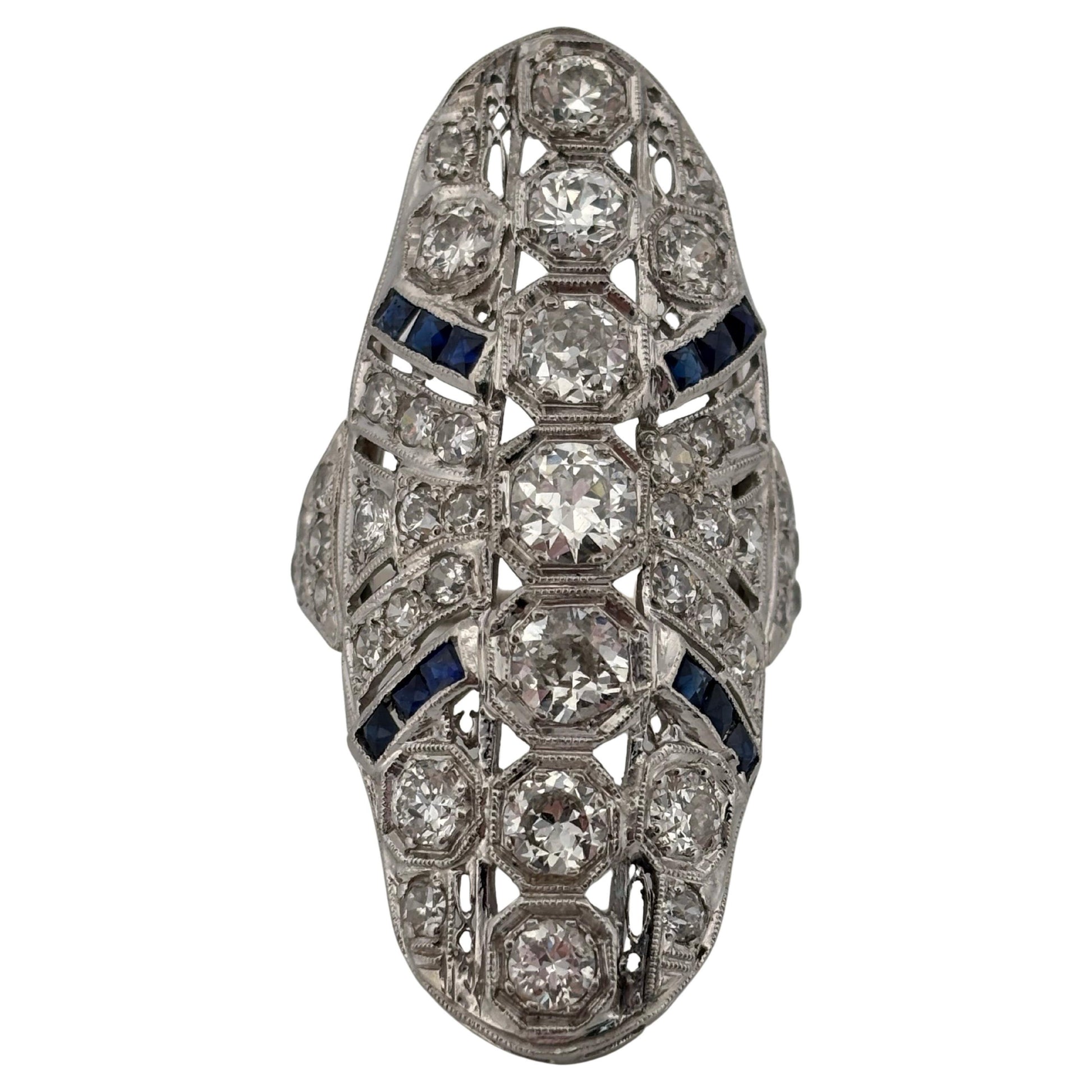 Art Deco 14K White Gold 3.36ctw Old European Cut H SI1 Diamond & Sapphire Ring