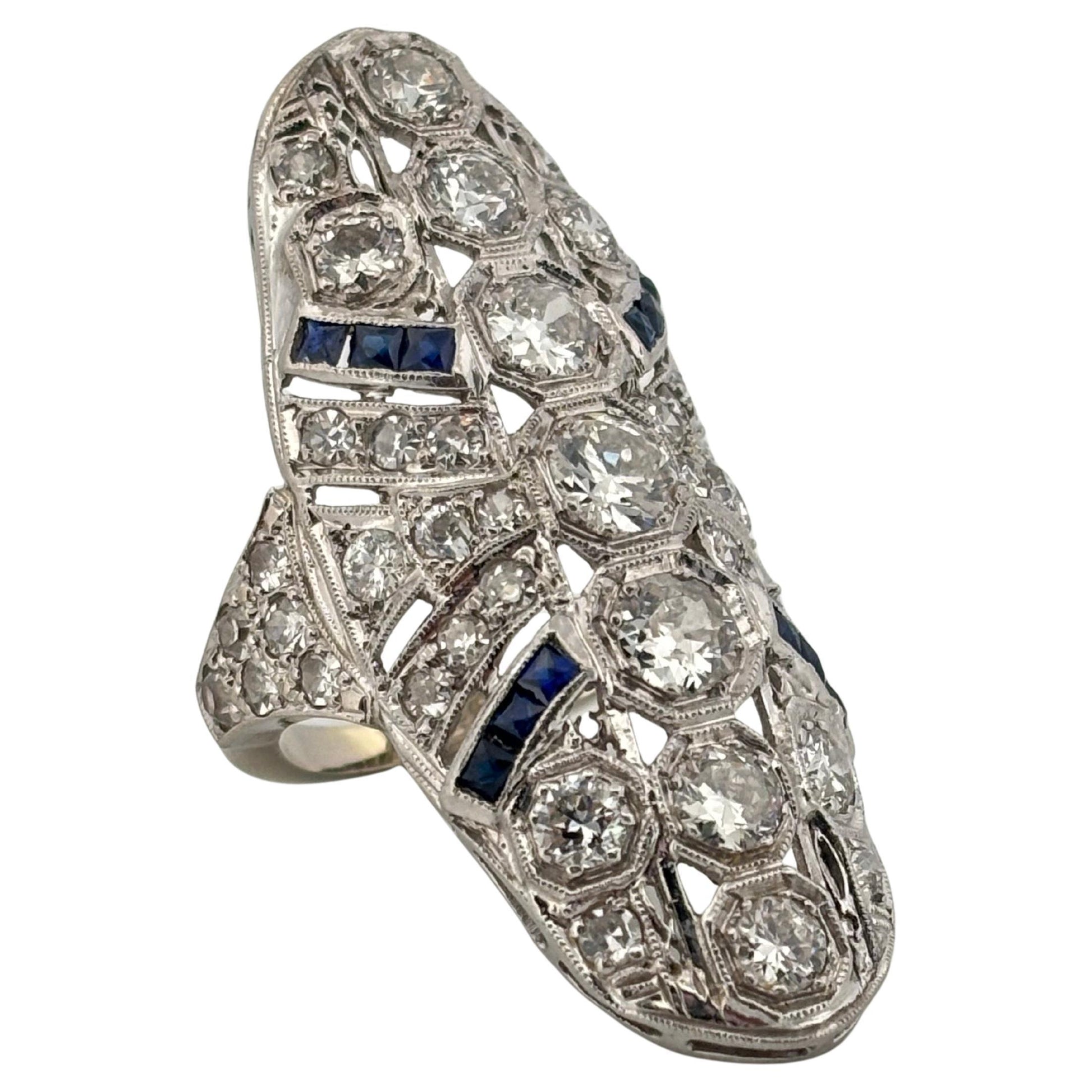 Art Deco 14K White Gold 3.36ctw Old European Cut H SI1 Diamond & Sapphire Ring