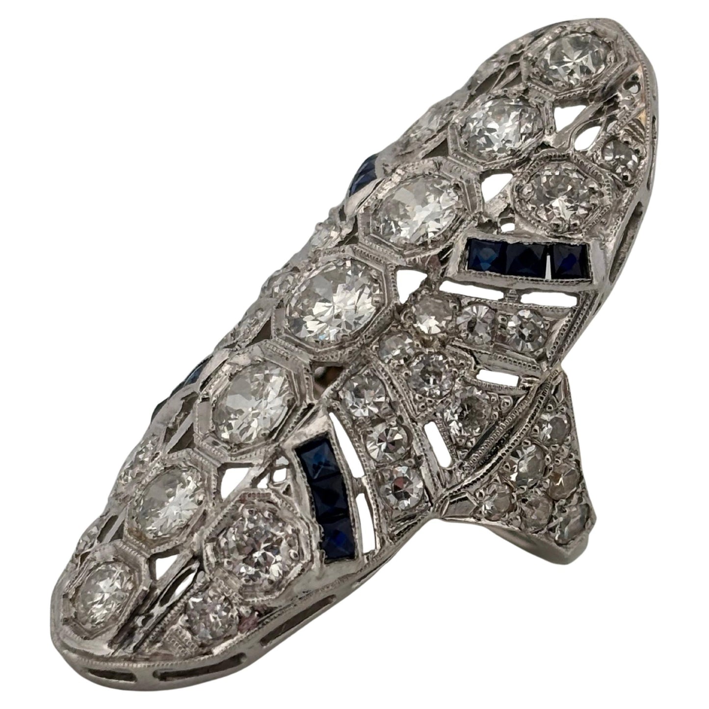 Art Deco 14K White Gold 3.36ctw Old European Cut H SI1 Diamond & Sapphire Ring
