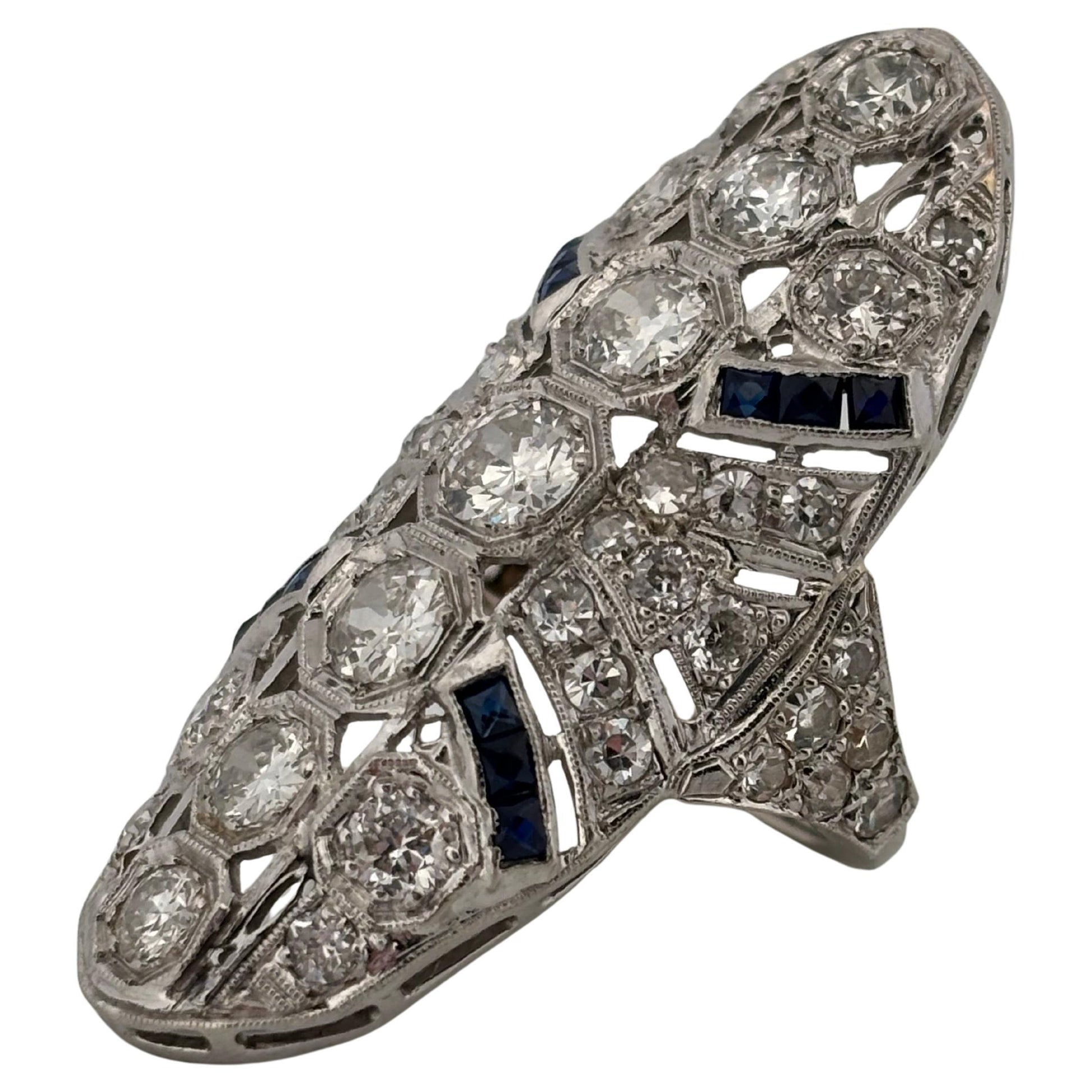 Art Deco 14K White Gold 3.36ctw Old European Cut H SI1 Diamond & Sapphire Ring