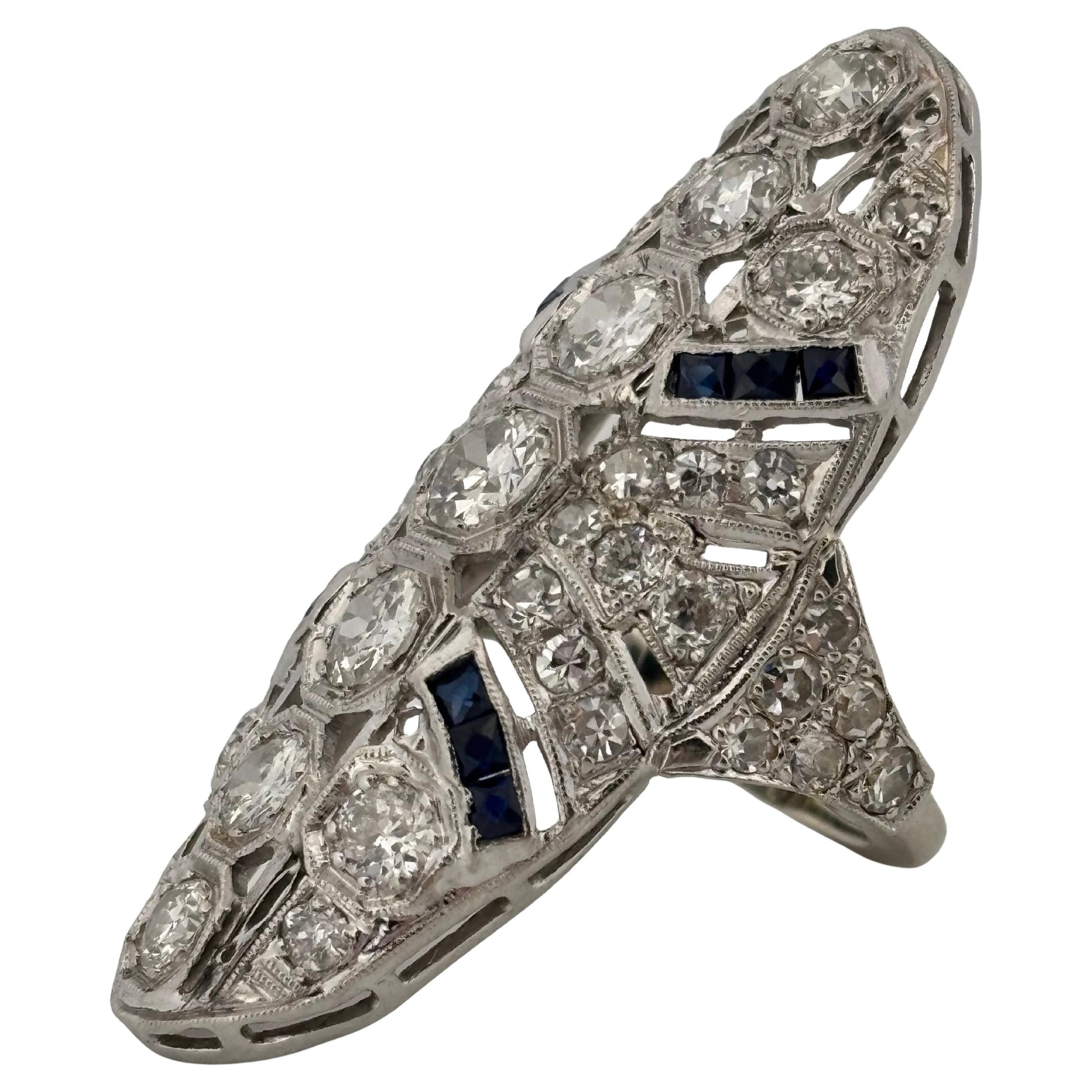 Art Deco 14K White Gold 3.36ctw Old European Cut H SI1 Diamond & Sapphire Ring