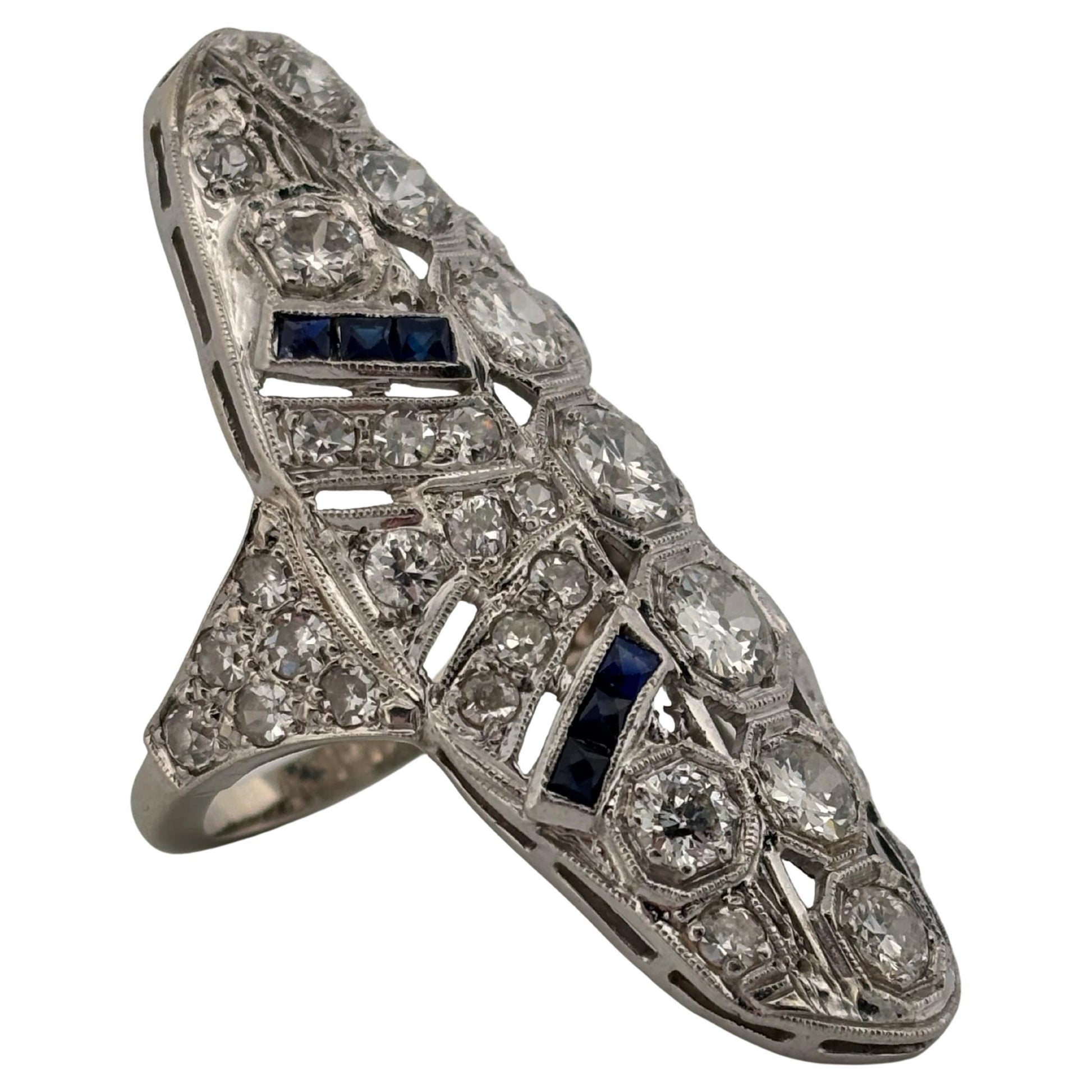 Art Deco 14K White Gold 3.36ctw Old European Cut H SI1 Diamond & Sapphire Ring