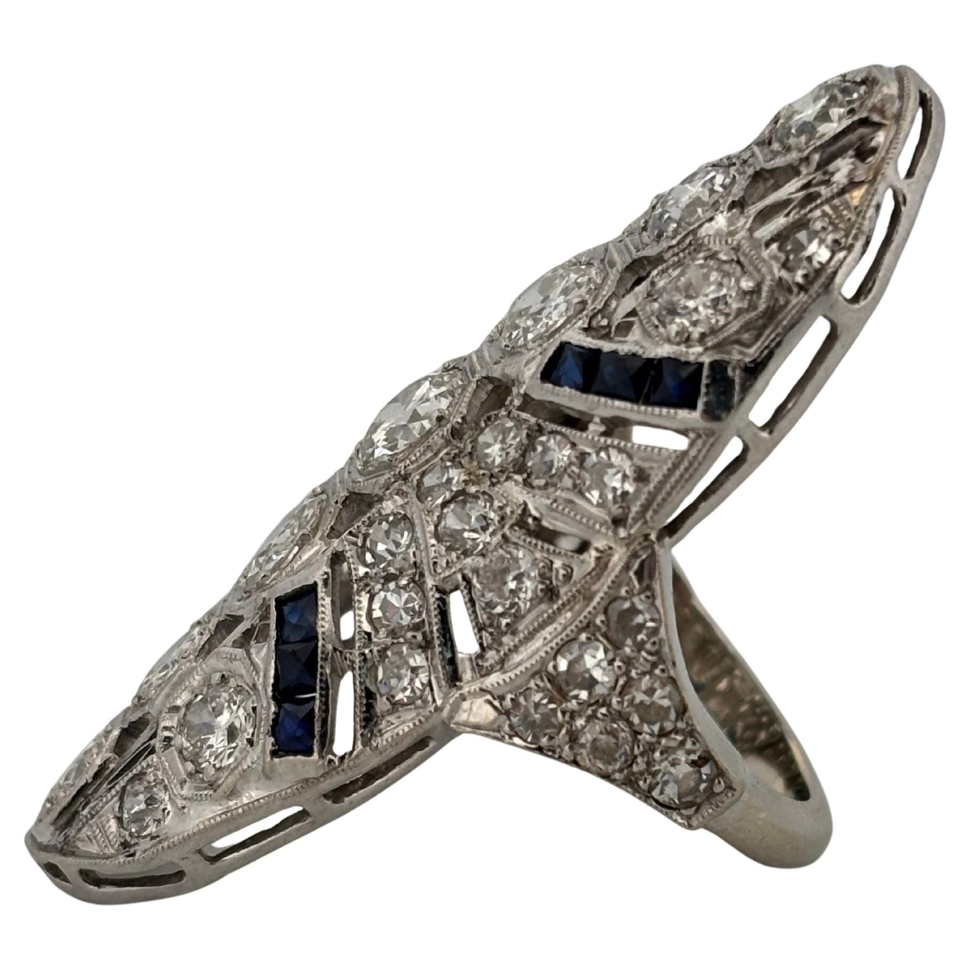 Art Deco 14K White Gold 3.36ctw Old European Cut H SI1 Diamond & Sapphire Ring