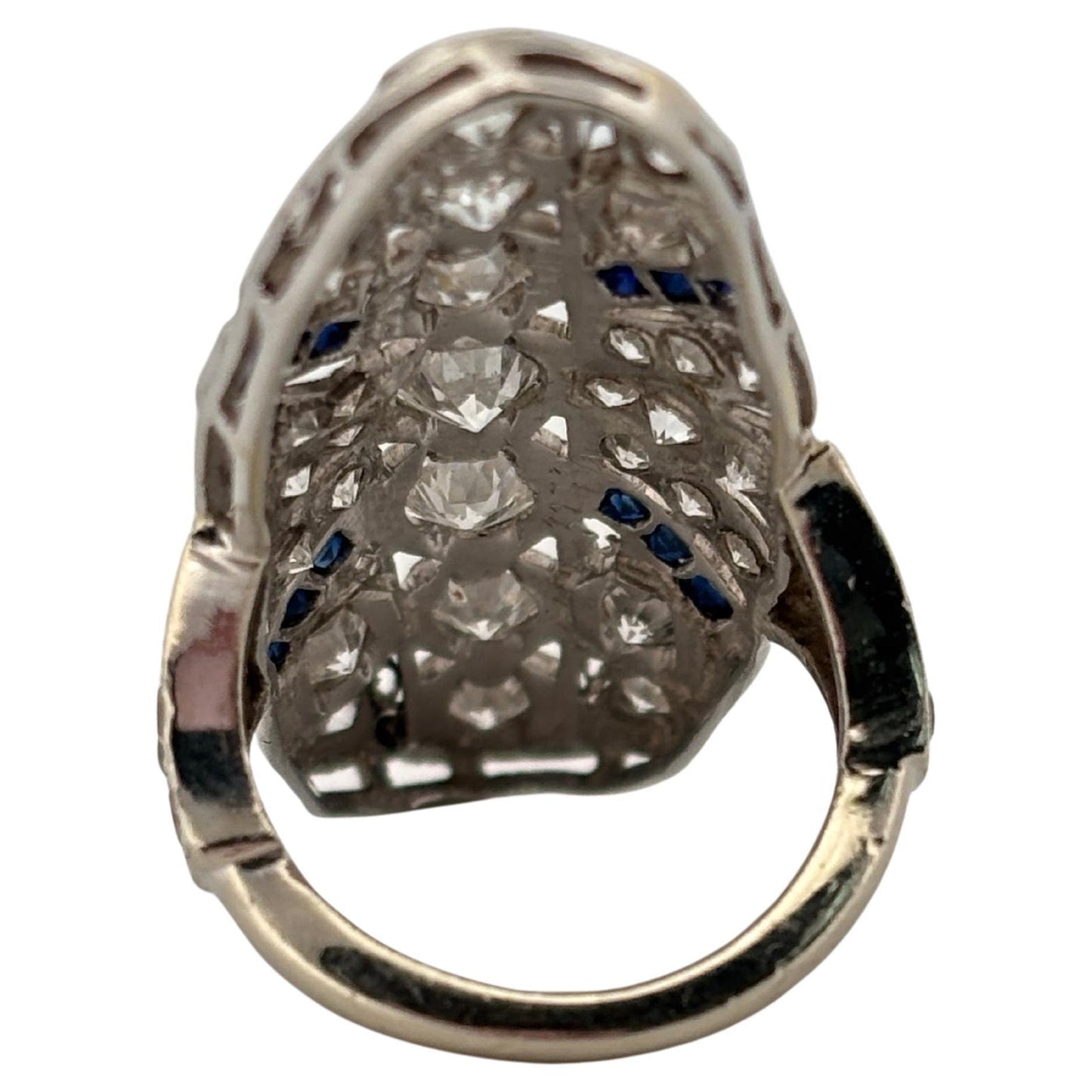 Art Deco 14K White Gold 3.36ctw Old European Cut H SI1 Diamond & Sapphire Ring