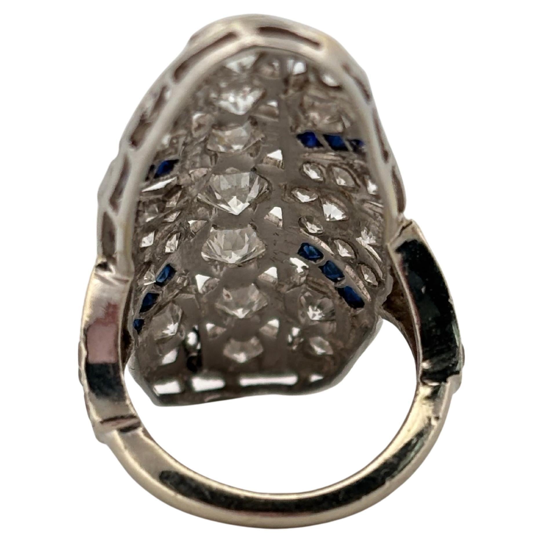 Art Deco 14K White Gold 3.36ctw Old European Cut H SI1 Diamond & Sapphire Ring