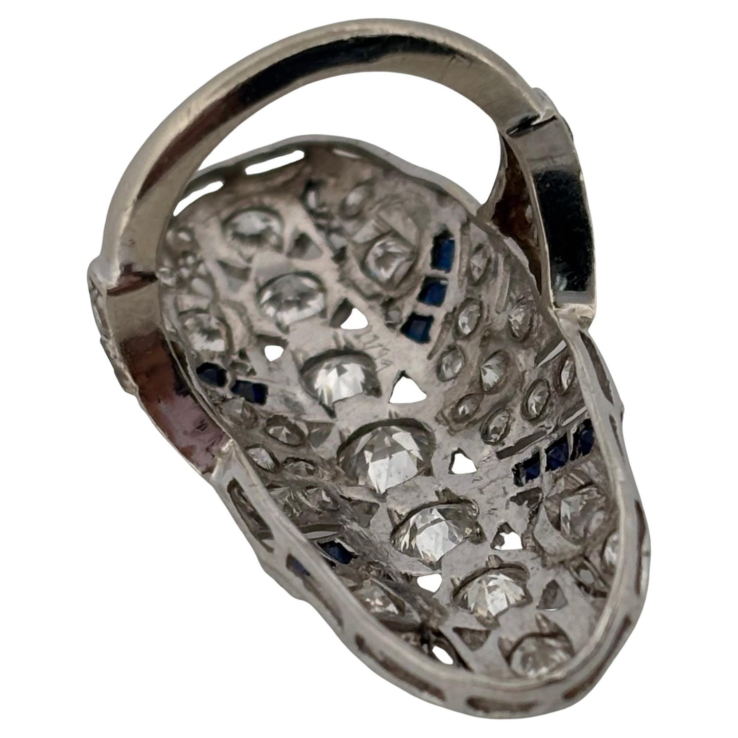 Art Deco 14K White Gold 3.36ctw Old European Cut H SI1 Diamond & Sapphire Ring
