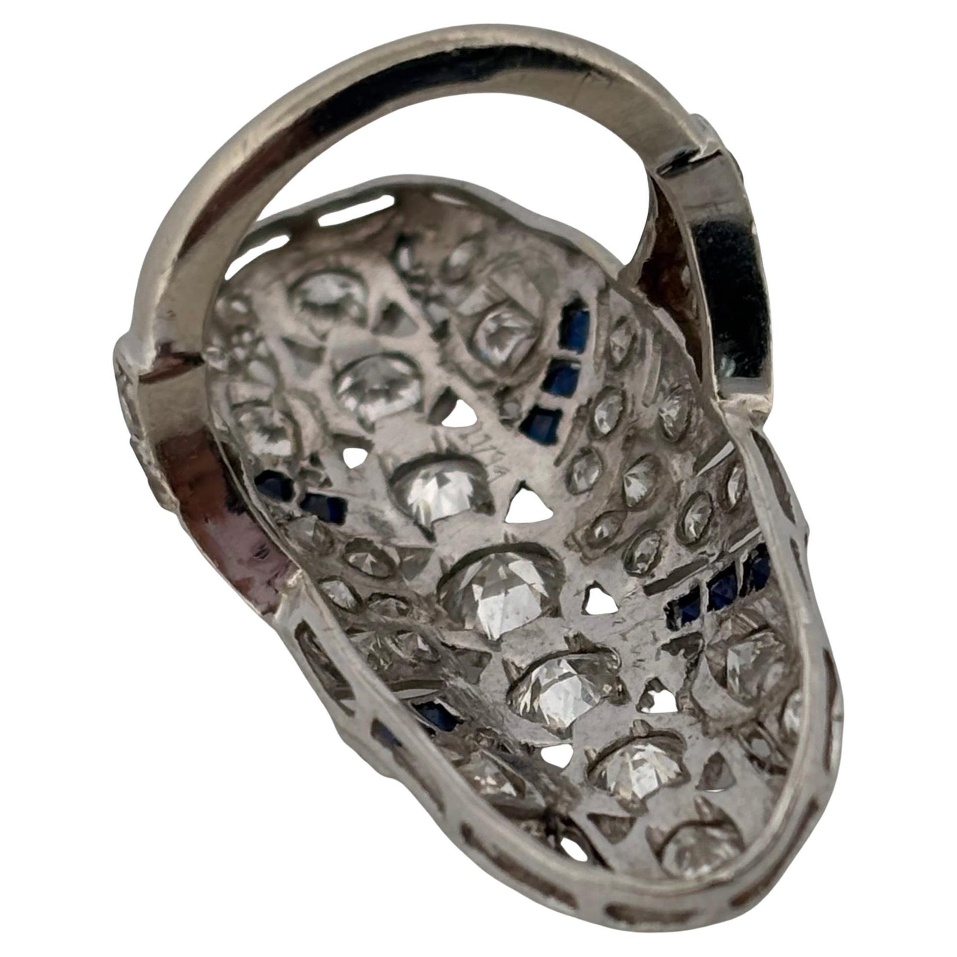 Art Deco 14K White Gold 3.36ctw Old European Cut H SI1 Diamond & Sapphire Ring