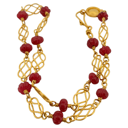 Bessie Jamieson 22K Yellow Gold Multi Carved Ruby Fine Necklace 16 Inch