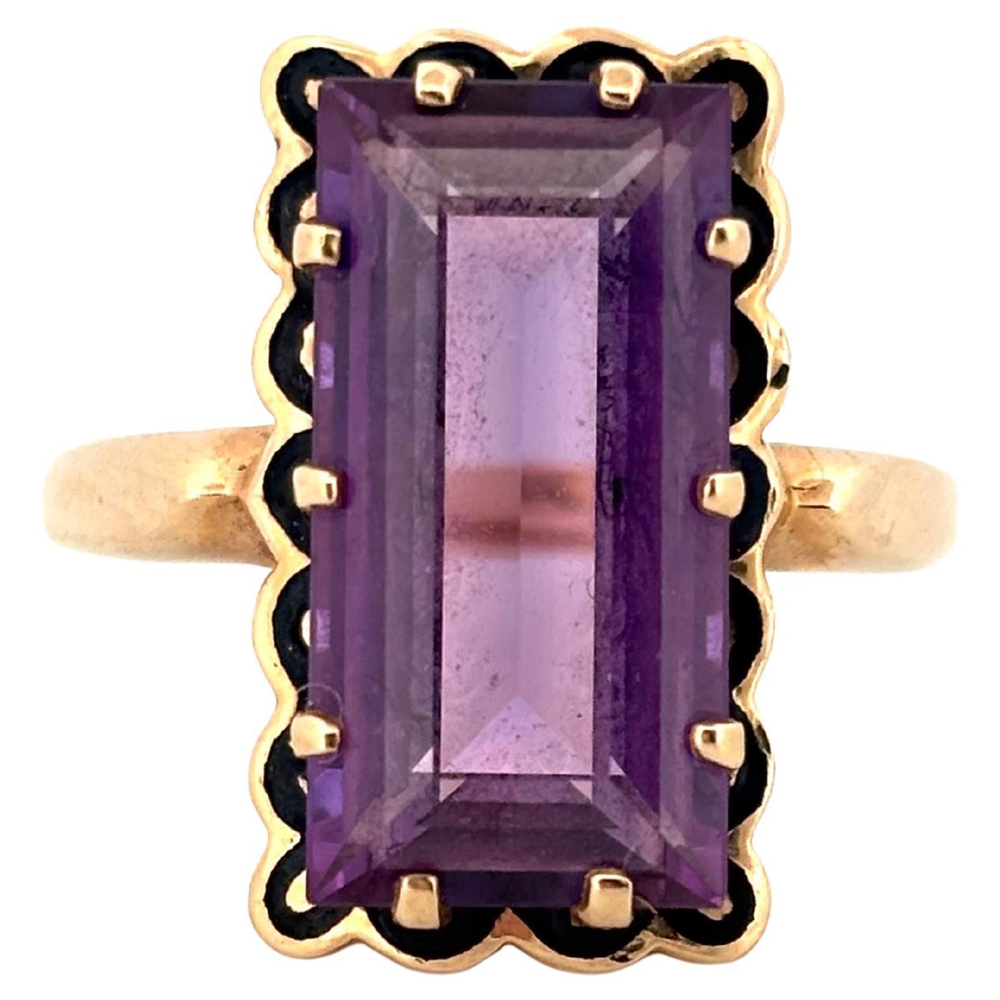 Black Enamel Emerald Cut Purple Amethyst 14K Yellow Gold Ring Size 6.5