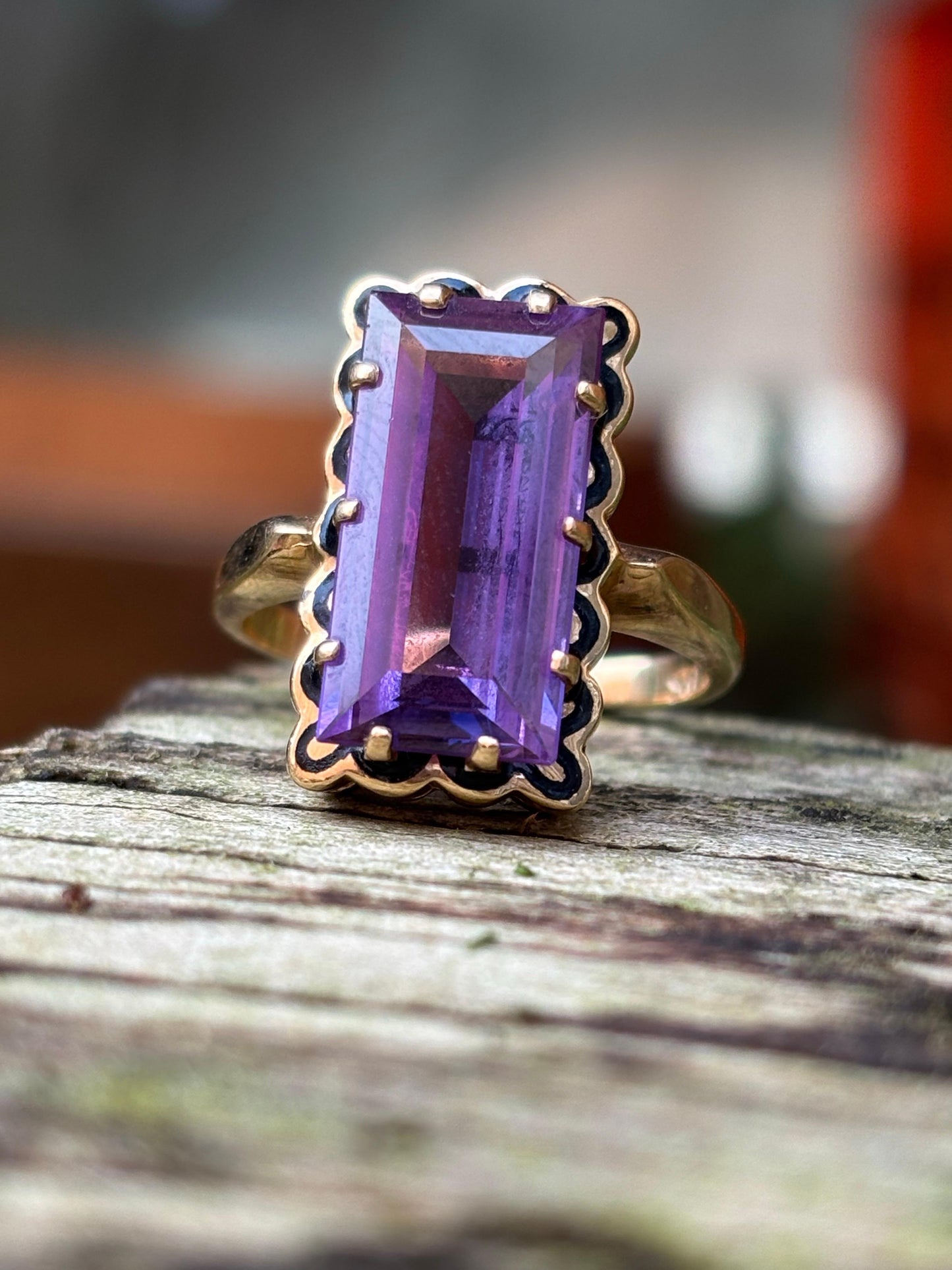 Black Enamel Emerald Cut Purple Amethyst 14K Yellow Gold Ring Size 6.5