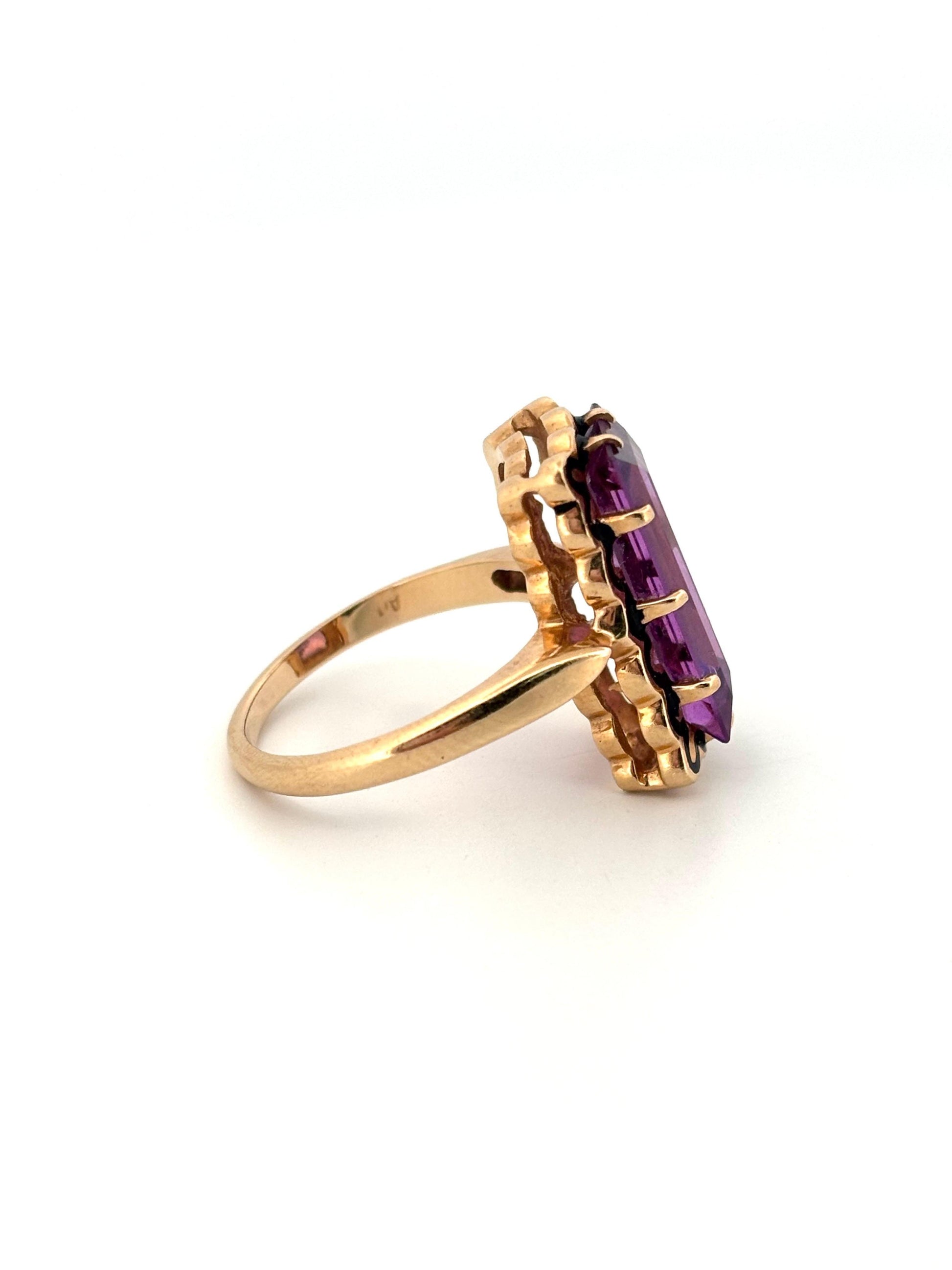 Black Enamel Emerald Cut Purple Amethyst 14K Yellow Gold Ring Size 6.5