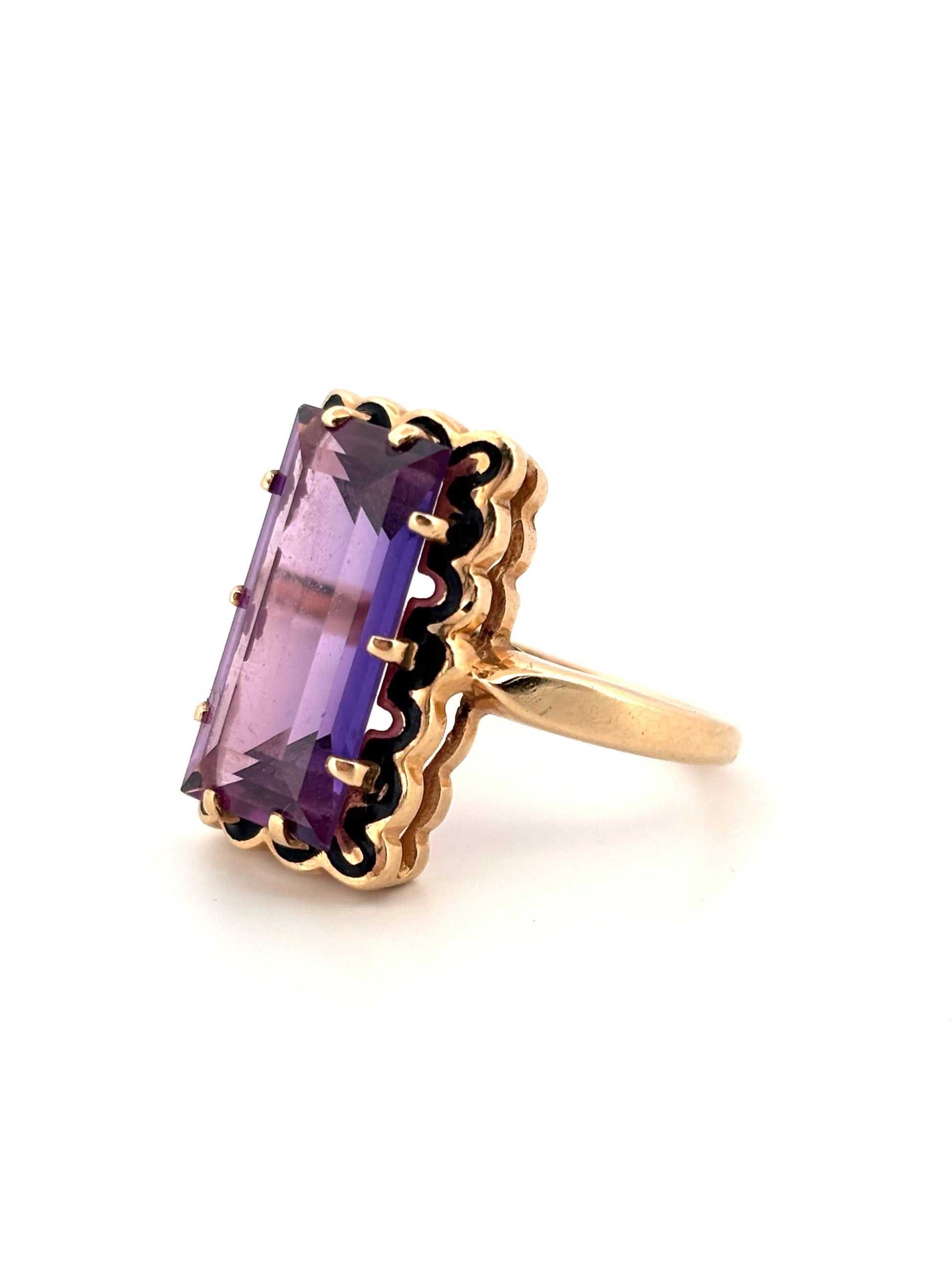 Black Enamel Emerald Cut Purple Amethyst 14K Yellow Gold Ring Size 6.5