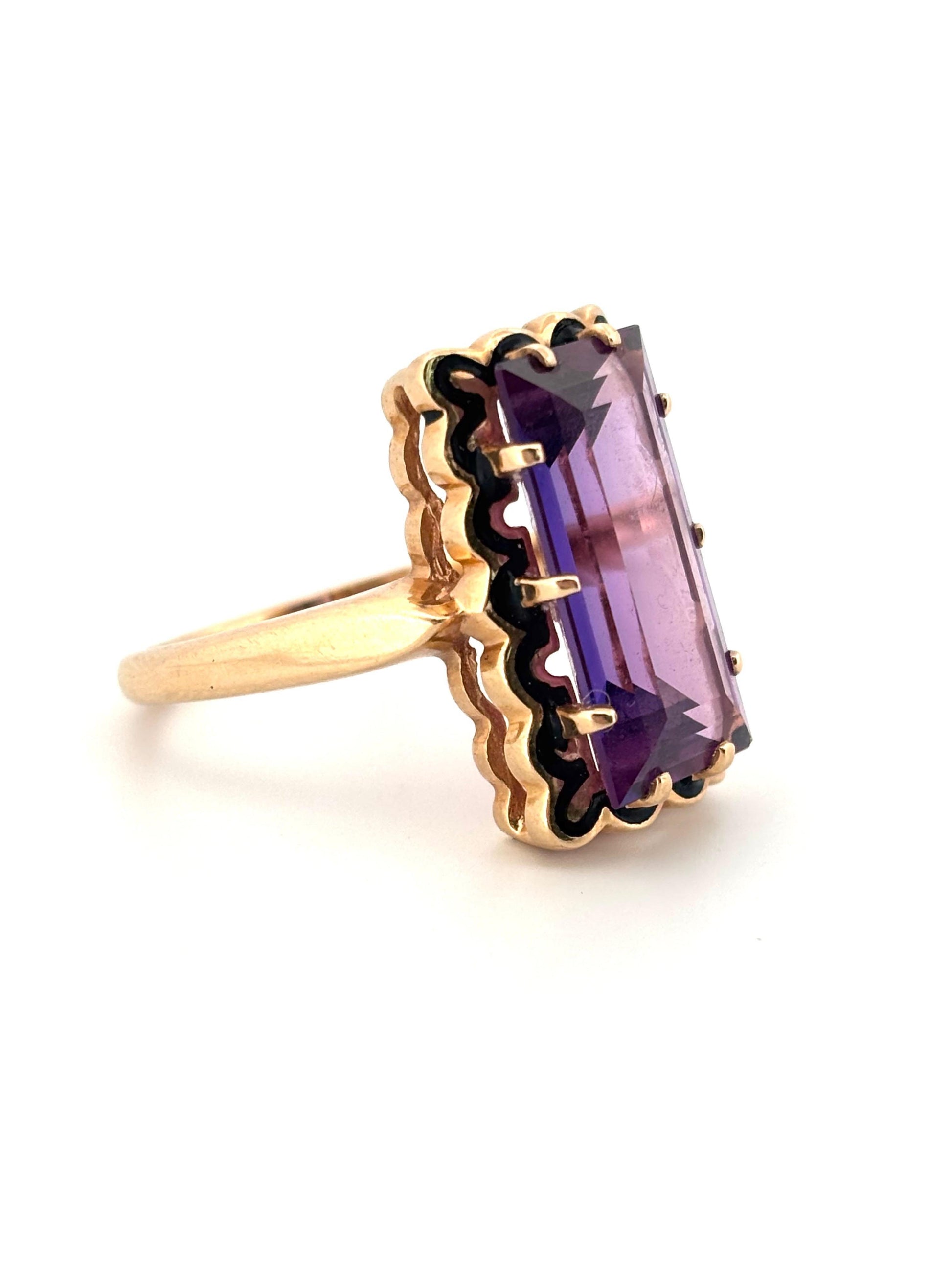 Black Enamel Emerald Cut Purple Amethyst 14K Yellow Gold Ring Size 6.5