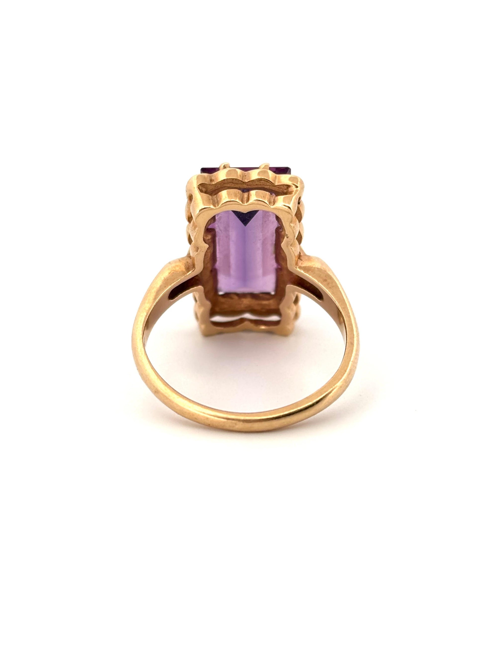 Black Enamel Emerald Cut Purple Amethyst 14K Yellow Gold Ring Size 6.5