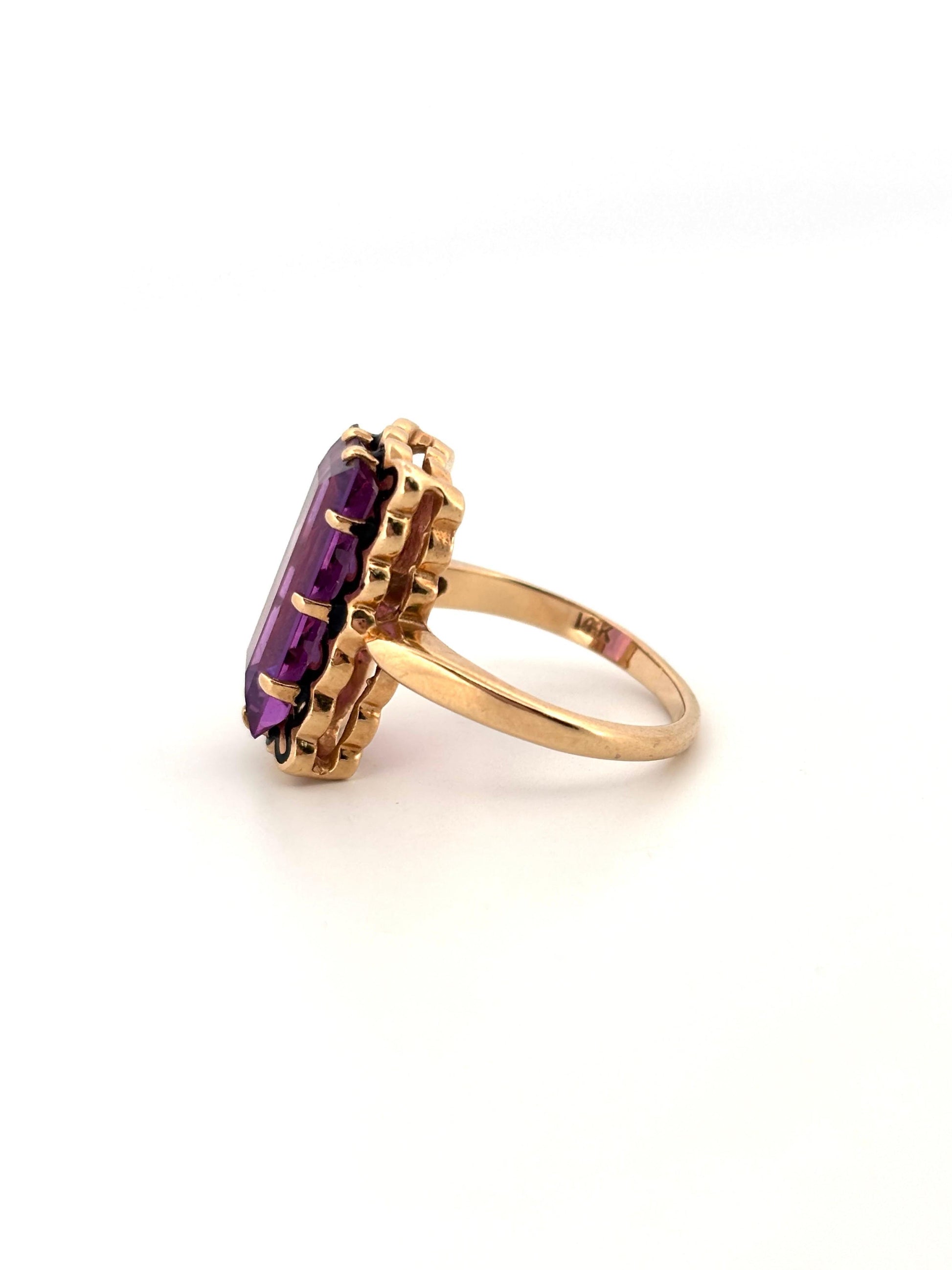 Black Enamel Emerald Cut Purple Amethyst 14K Yellow Gold Ring Size 6.5