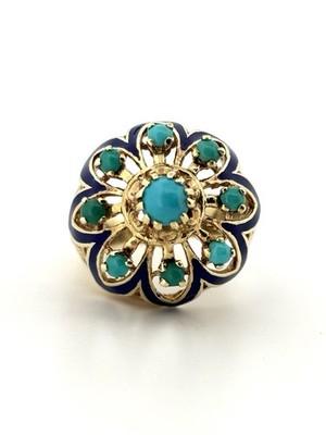 Blue Enameled Vintage 14K Yellow Gold Round Turquoise Ring Size 8.00