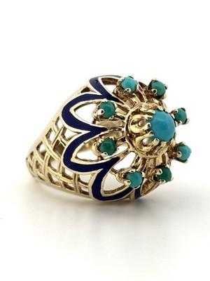 Blue Enameled Vintage 14K Yellow Gold Round Turquoise Ring Size 8.00