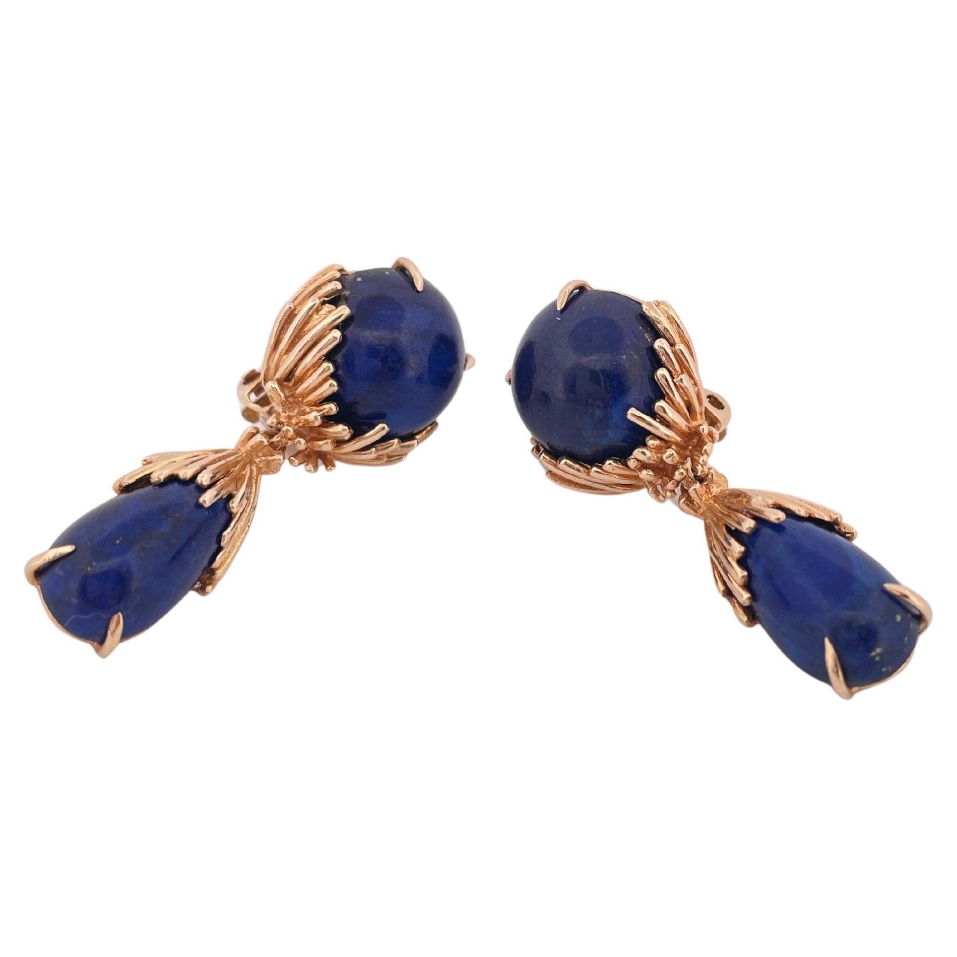 Blue Lapis Dangle Clip-on Earrings Set in 14k Yellow Gold
