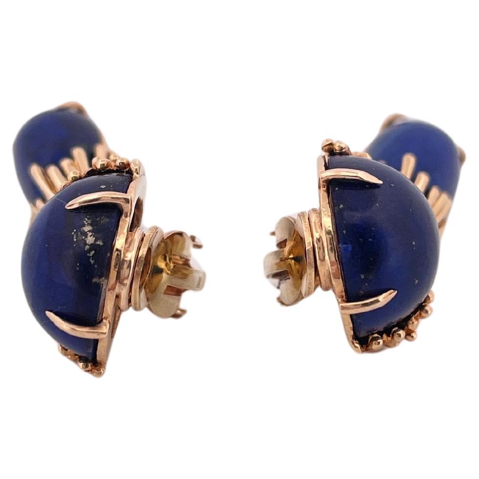 Blue Lapis Dangle Clip-on Earrings Set in 14k Yellow Gold