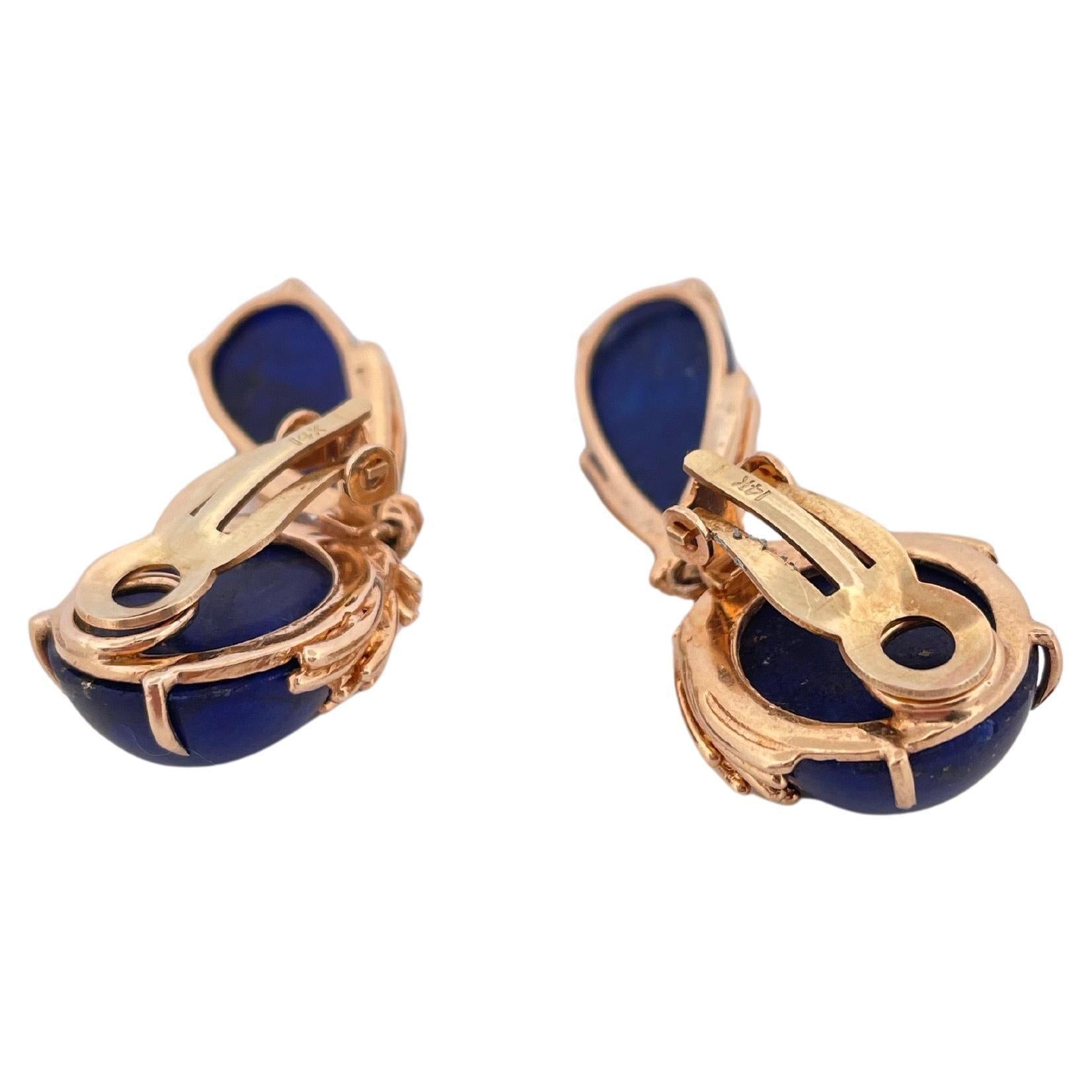 Blue Lapis Dangle Clip-on Earrings Set in 14k Yellow Gold