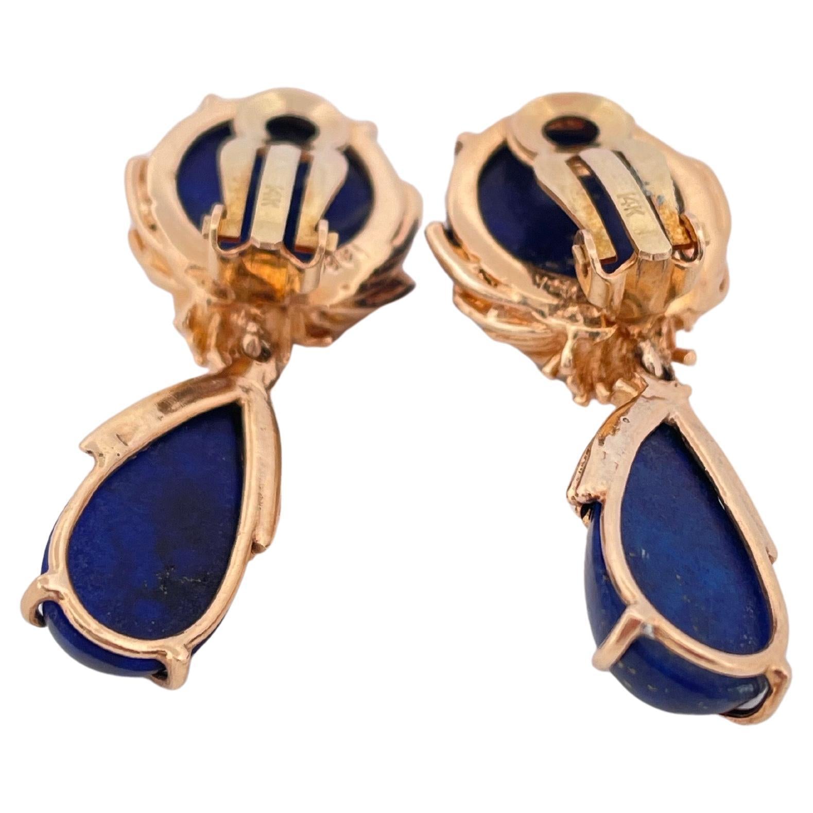 Blue Lapis Dangle Clip-on Earrings Set in 14k Yellow Gold