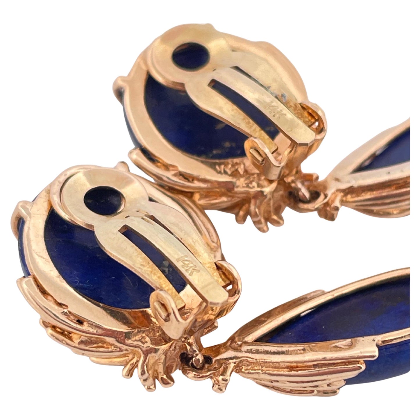 Blue Lapis Dangle Clip-on Earrings Set in 14k Yellow Gold