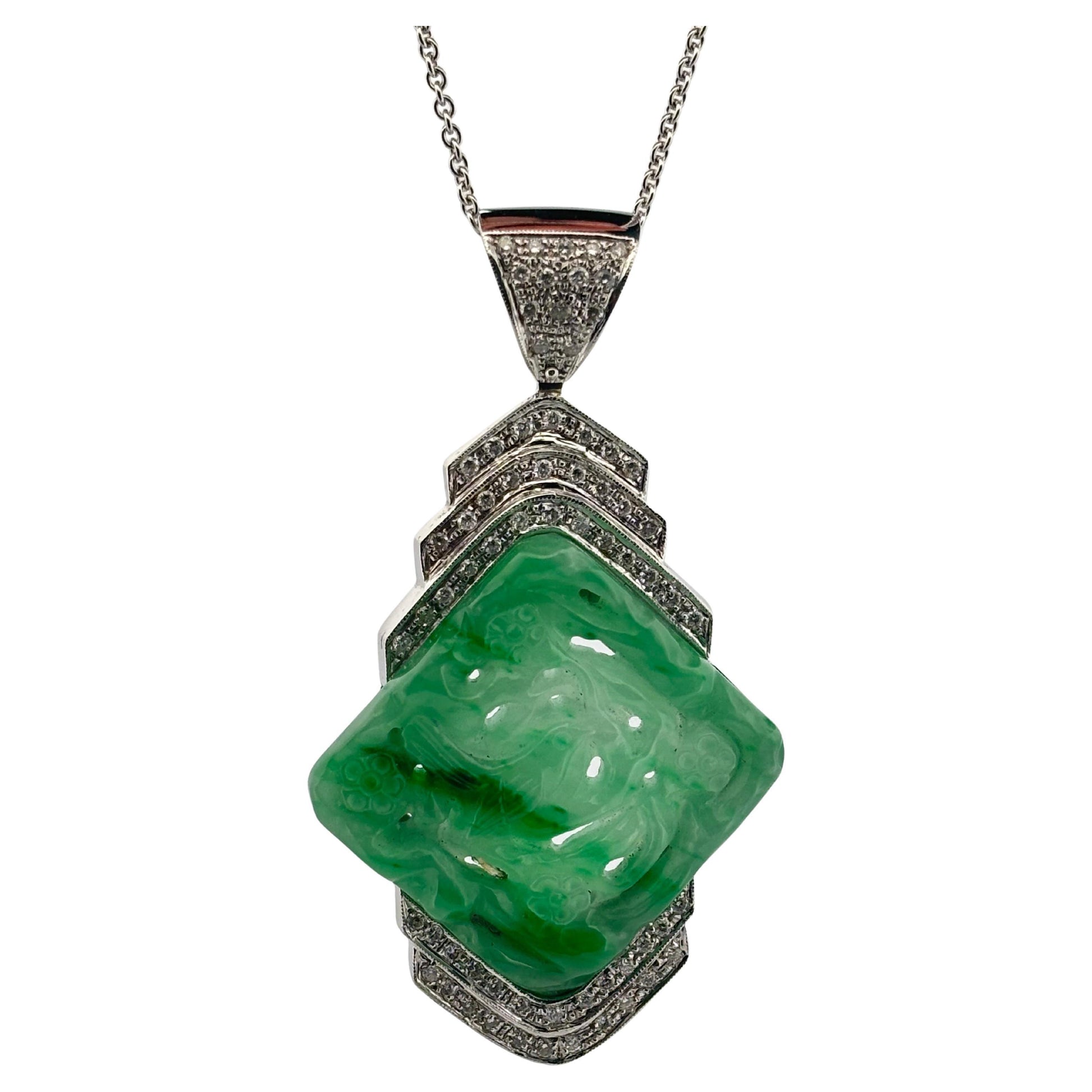 Carved Jade 18K White Gold Large 1.50 Carat Diamond Pendant