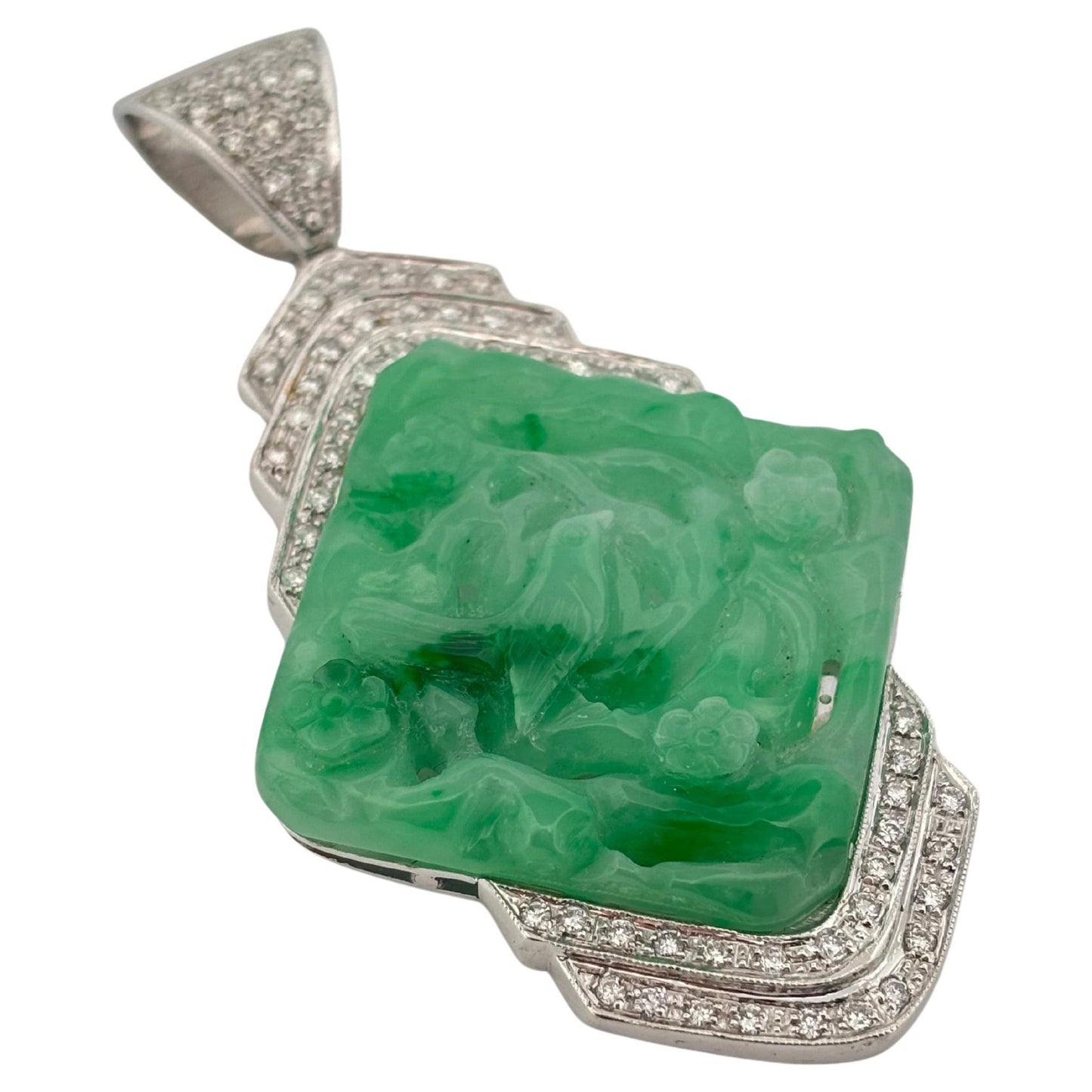 Carved Jade 18K White Gold Large 1.50 Carat Diamond Pendant