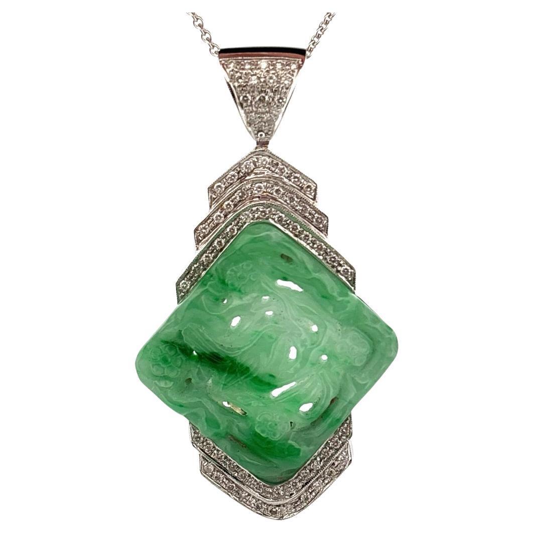 Carved Jade 18K White Gold Large 1.50 Carat Diamond Pendant