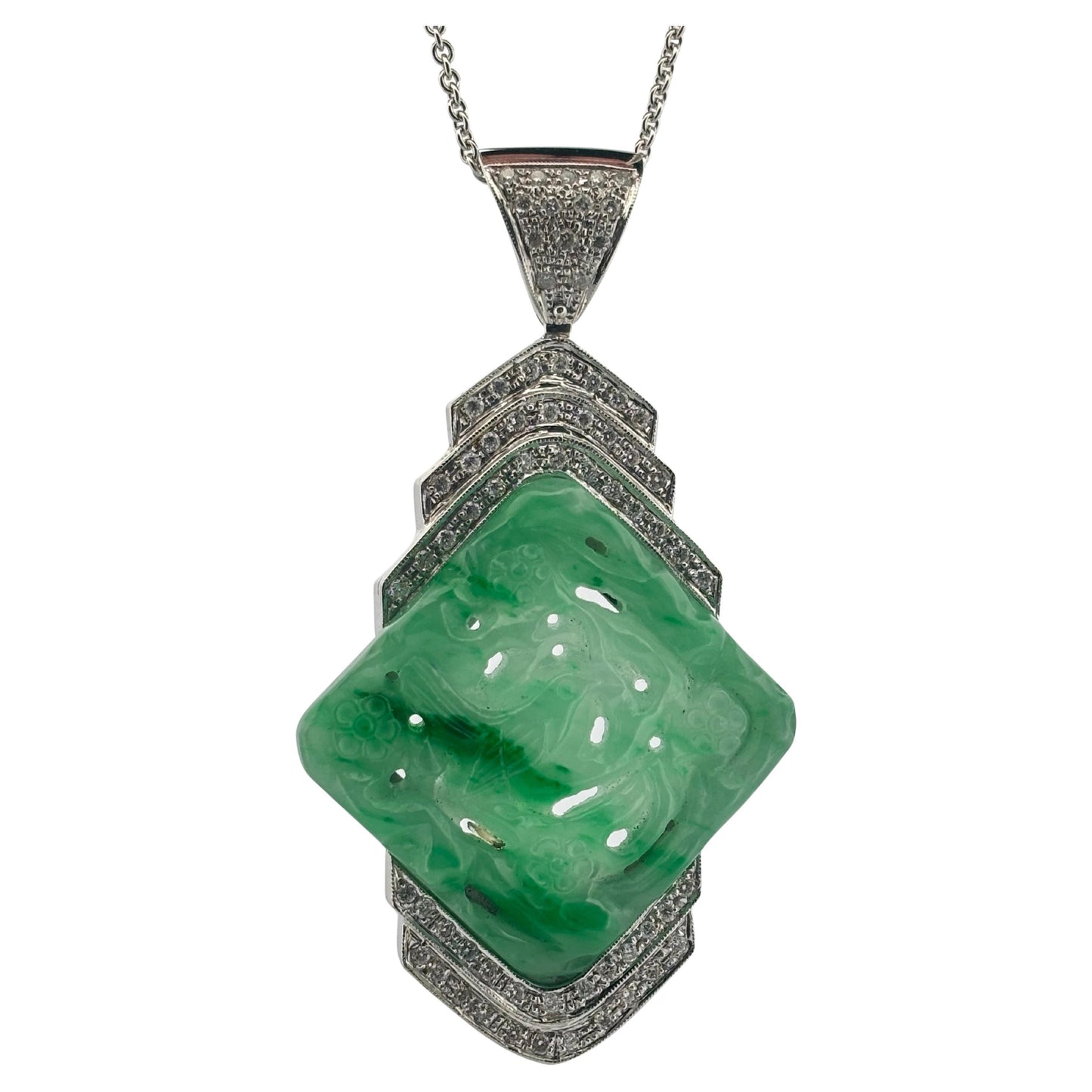 Carved Jade 18K White Gold Large 1.50 Carat Diamond Pendant