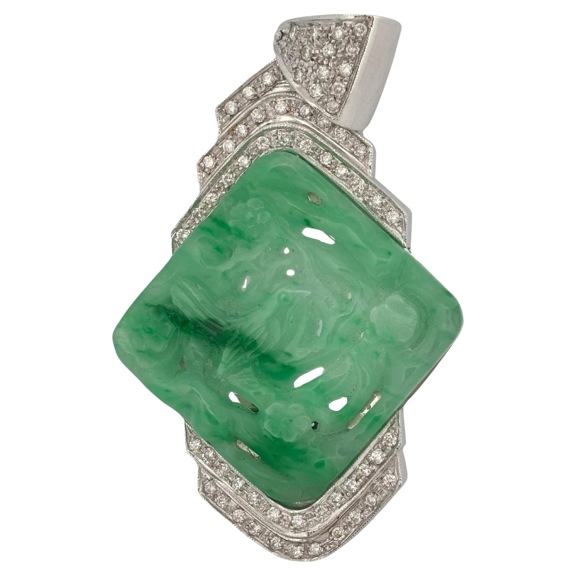 Carved Jade 18K White Gold Large 1.50 Carat Diamond Pendant